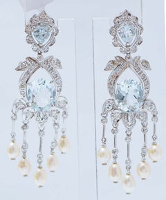 Aquamarine, Pearls, Diamonds, Platinum Dangle Earrings.