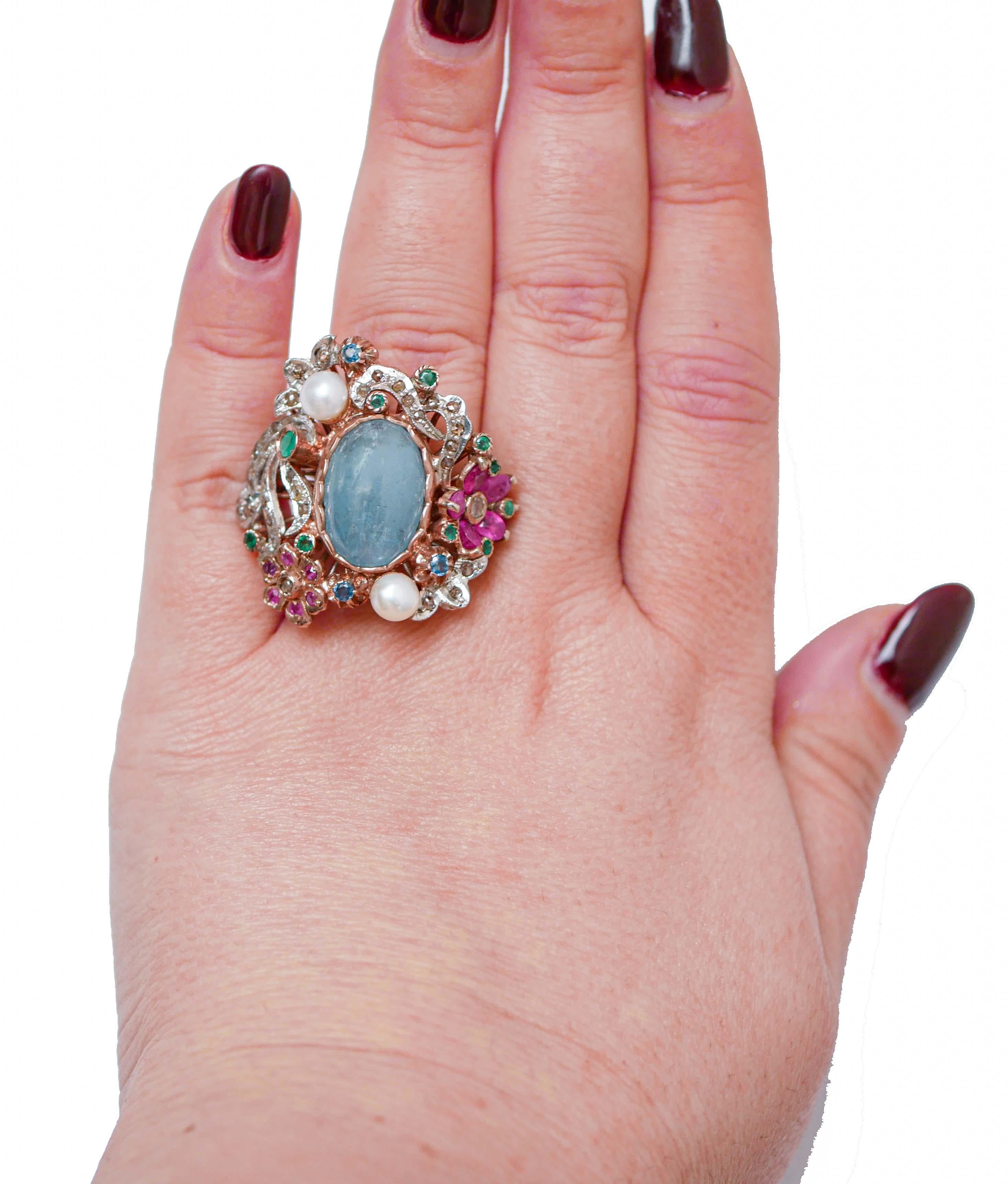 Mixed Cut Aquamarine, Pearls, Emeralds, Rubies, Sapphires, Diamonds, Gold and Silver Ring. For Sale