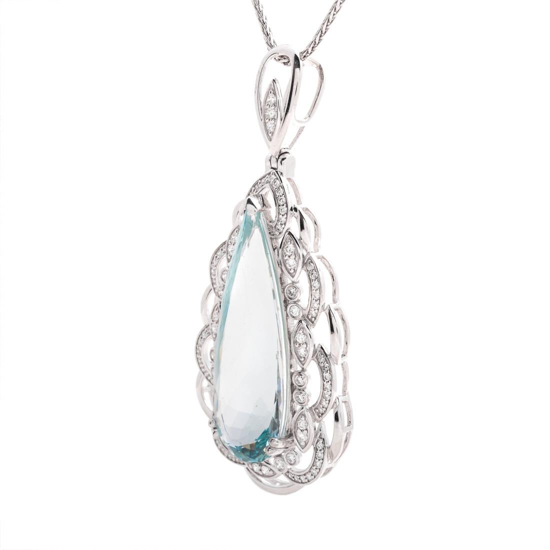 Platinum Aquamarine and Diamond Pendant Necklace
Aquamarine weighing approx. 17.80 cts
Set within a scalloped diamond bezel, completed by a stylized diamond accented bail
Supported by a platinum chain
Accompanied with AIG paperwork