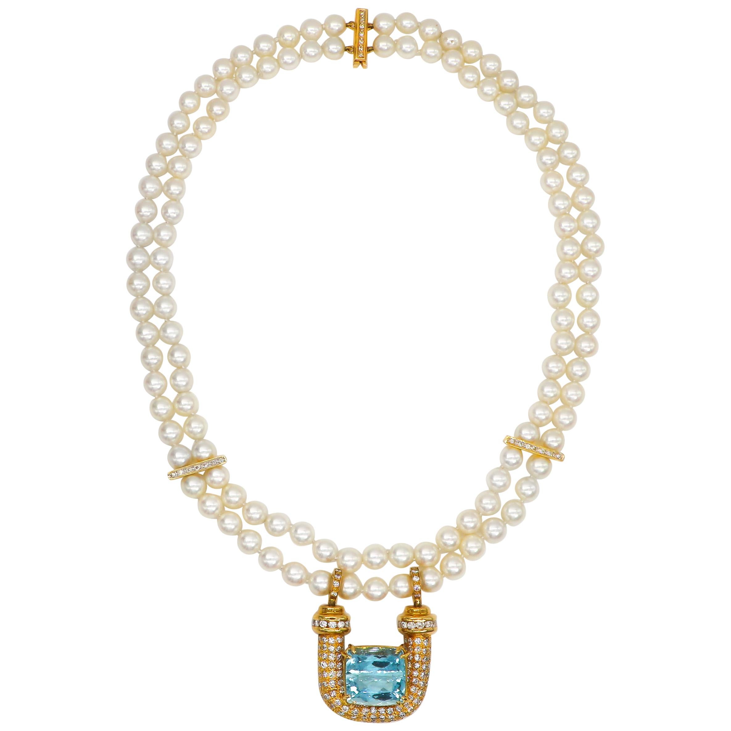 Aquamarine Pendant 20 Carat with Diamonds 6 Carat F-G/VS and Pearl Necklace