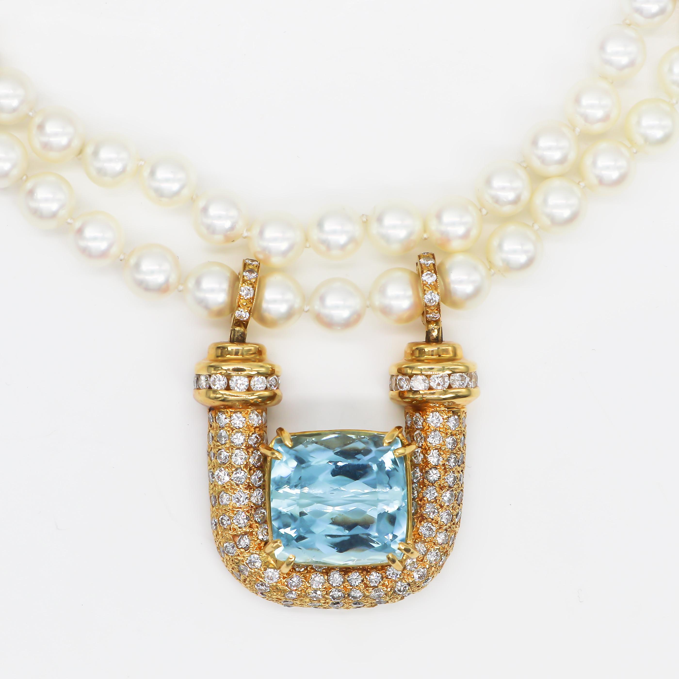 Aquamarine 20 Carat

Diamonds = 6 Carats
( Color: F-G, Clarity: VS )

Pearls = 6 milimeters

Metal: 18K Yellow Gold & 14K Yellow Gold

Jewelry Gift Box Included