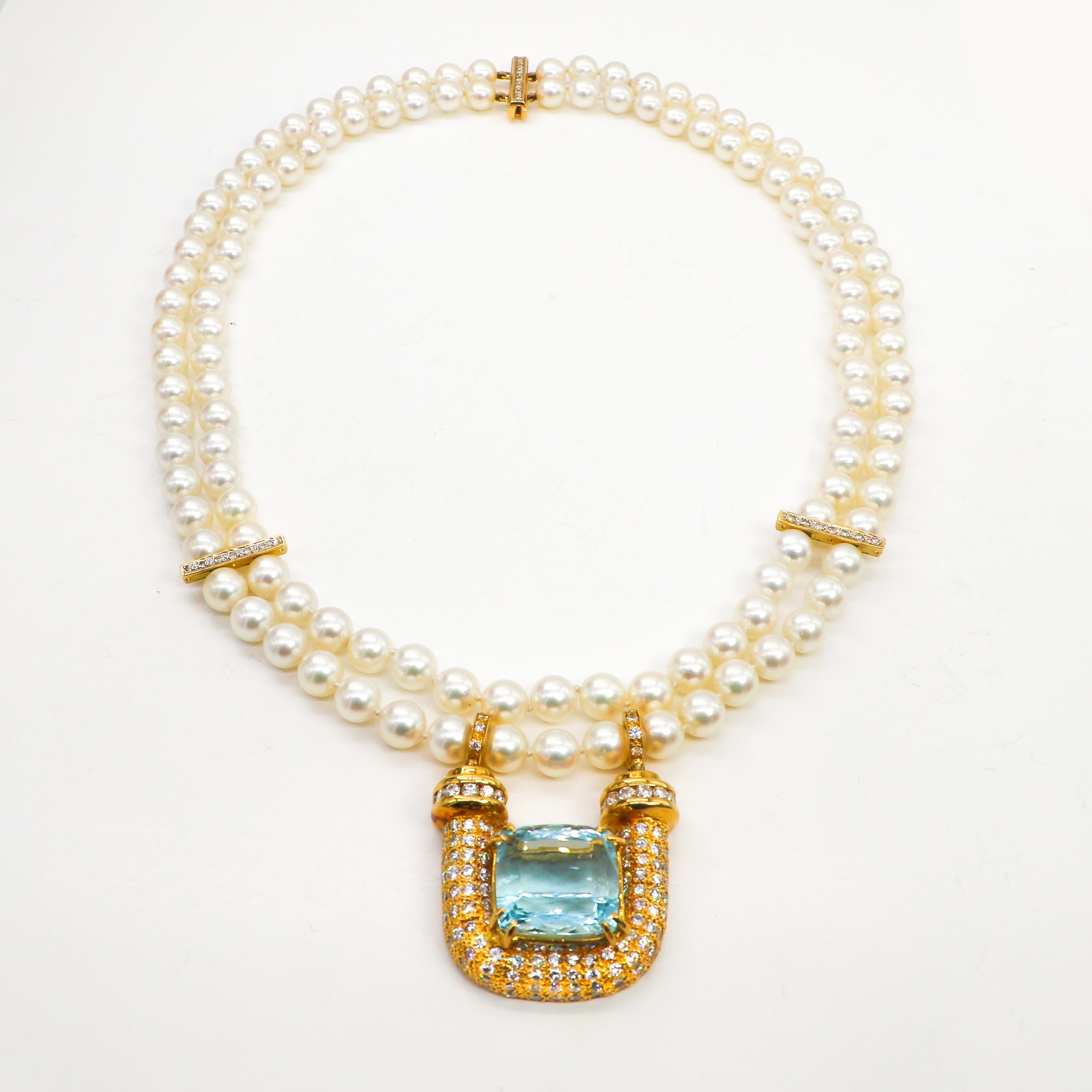 Art Deco Aquamarine Pendant 20 Carat with Diamonds 6 Carat F-G/VS and Pearl Necklace