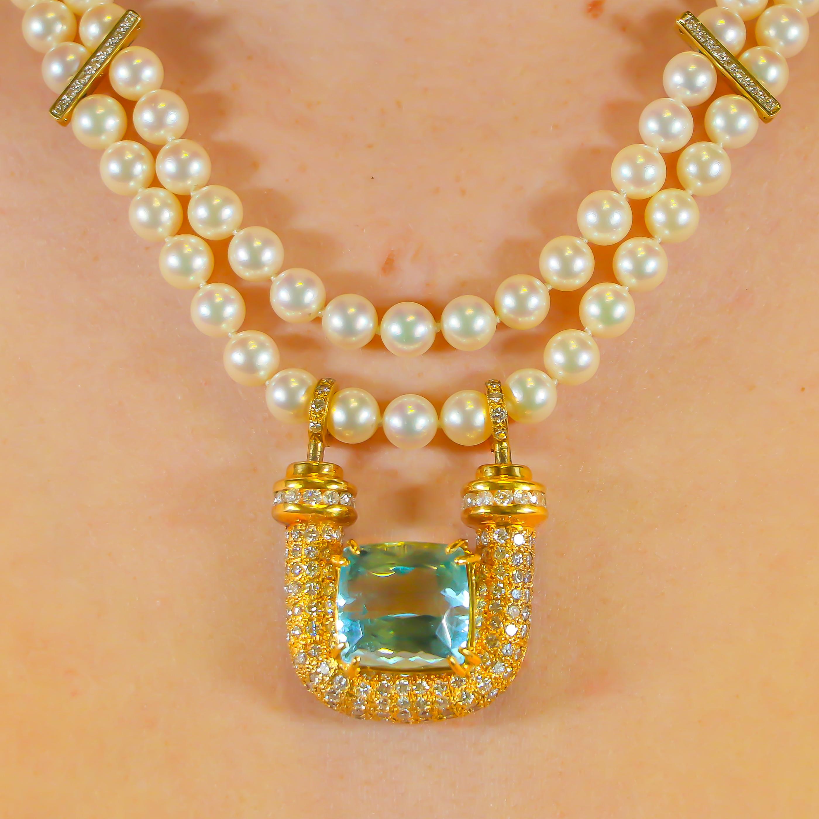 Aquamarine Pendant 20 Carat with Diamonds 6 Carat F-G/VS and Pearl Necklace In Good Condition In Carlsbad, CA