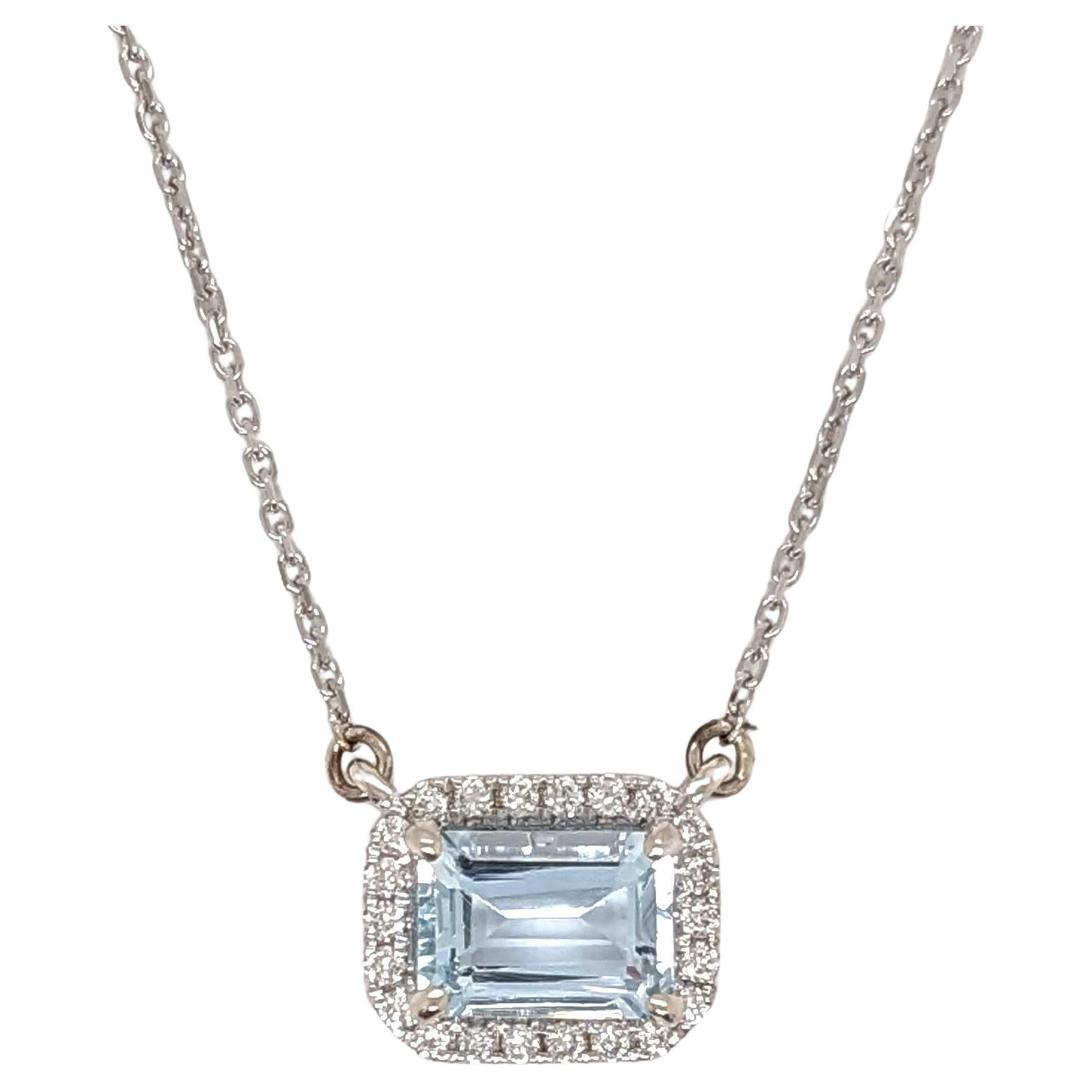 Aquamarine Pendant Necklace w Earth Mined Diamonds in Solid 14K Gold EM 7x5mm