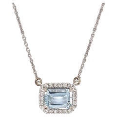 Aquamarine Pendant Necklace w Earth Mined Diamonds in Solid 14K Gold EM 7x5mm