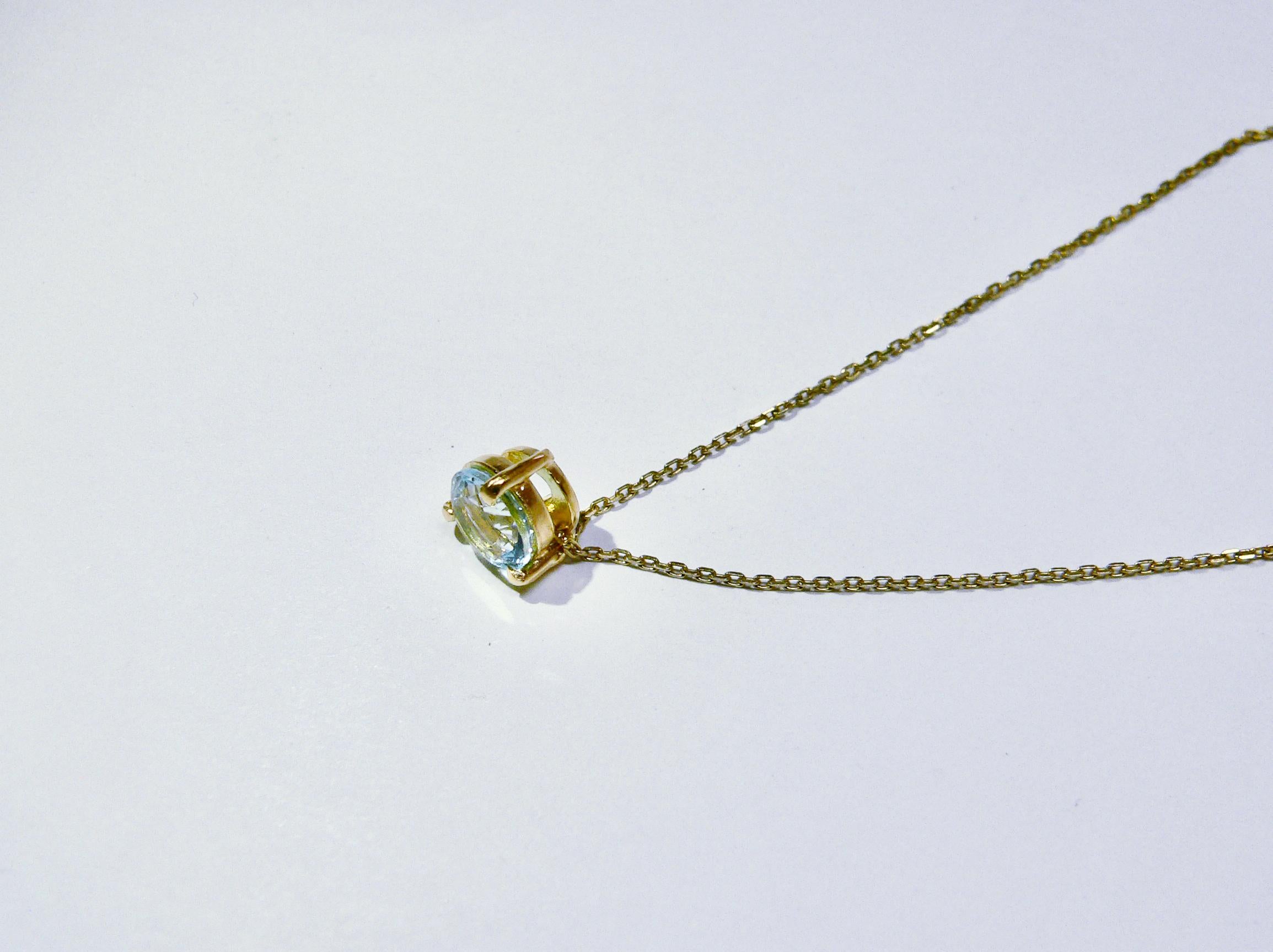 Aquamarine one stone pendant is made of Sterling Silver with 18 Karat gold plated. It is a very simple pendant, just about 7mm diameter round shape light blue color of aquamarine. There is no bail for chain, fine chain under stone. Please check the