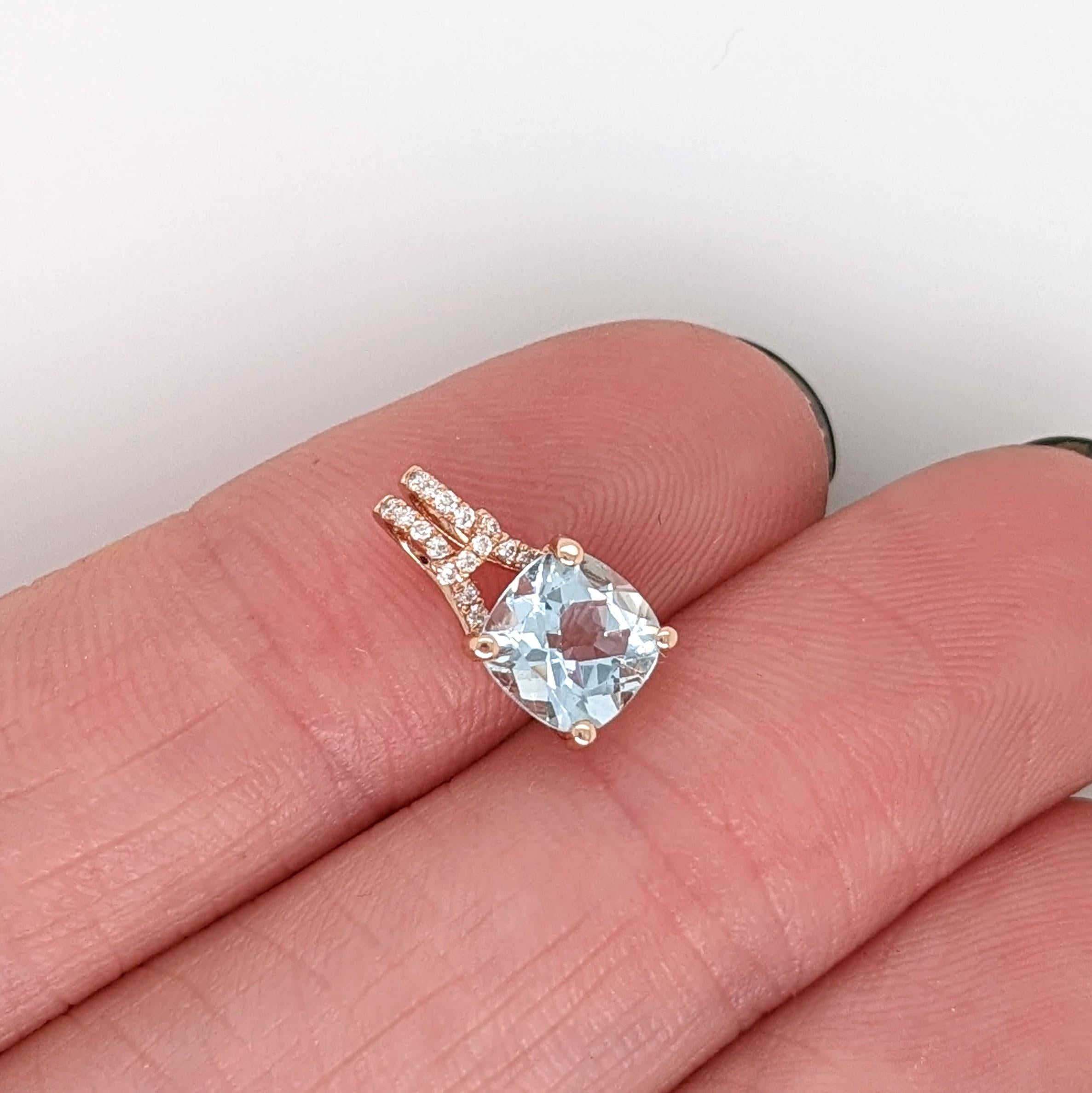 Aquamarine Pendant w Natural Diamonds in Solid 14K Rose Gold Cushion Cut 5x3mm In New Condition For Sale In Columbus, OH