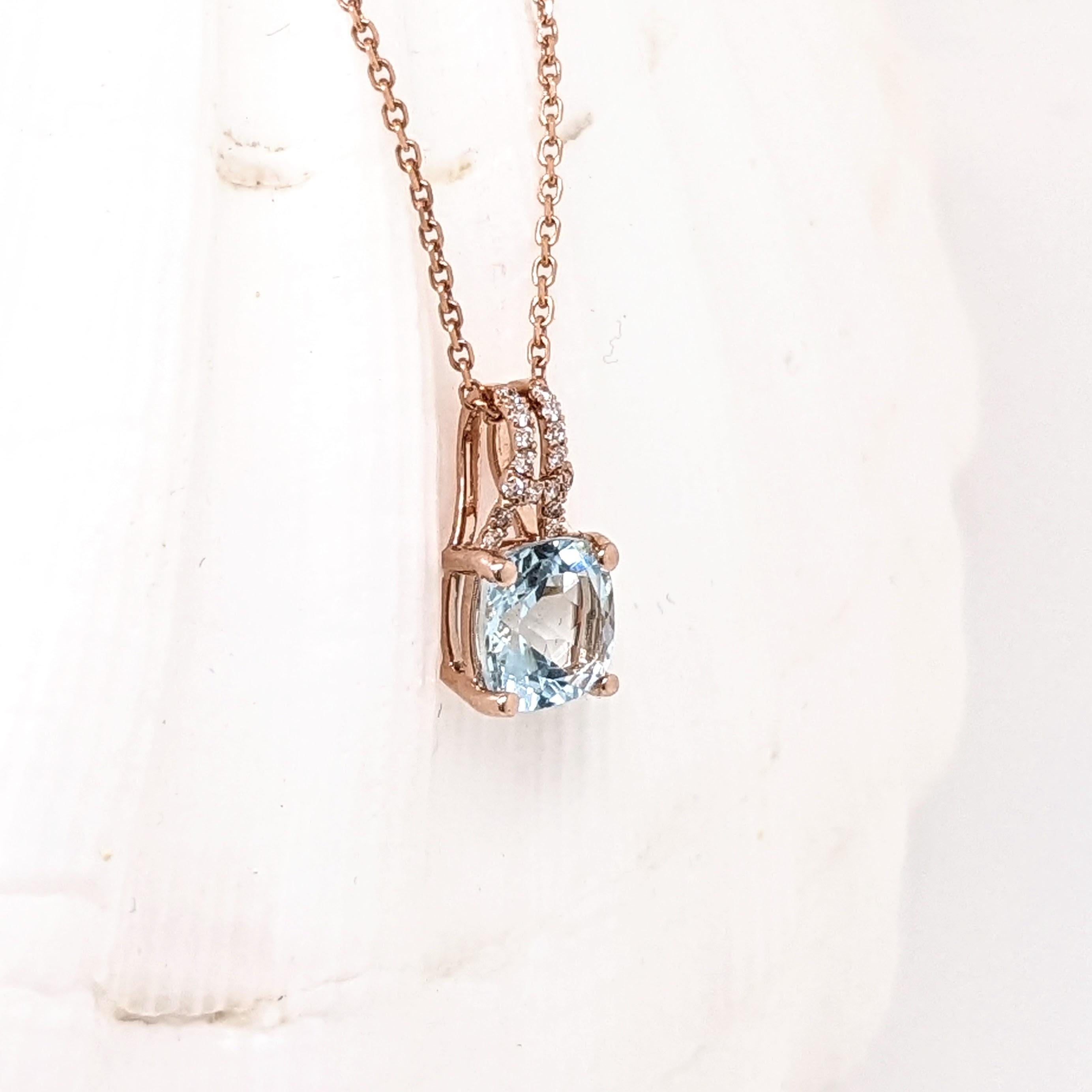 Aquamarine Pendant w Natural Diamonds in Solid 14K Rose Gold Cushion Cut 5x3mm For Sale 1