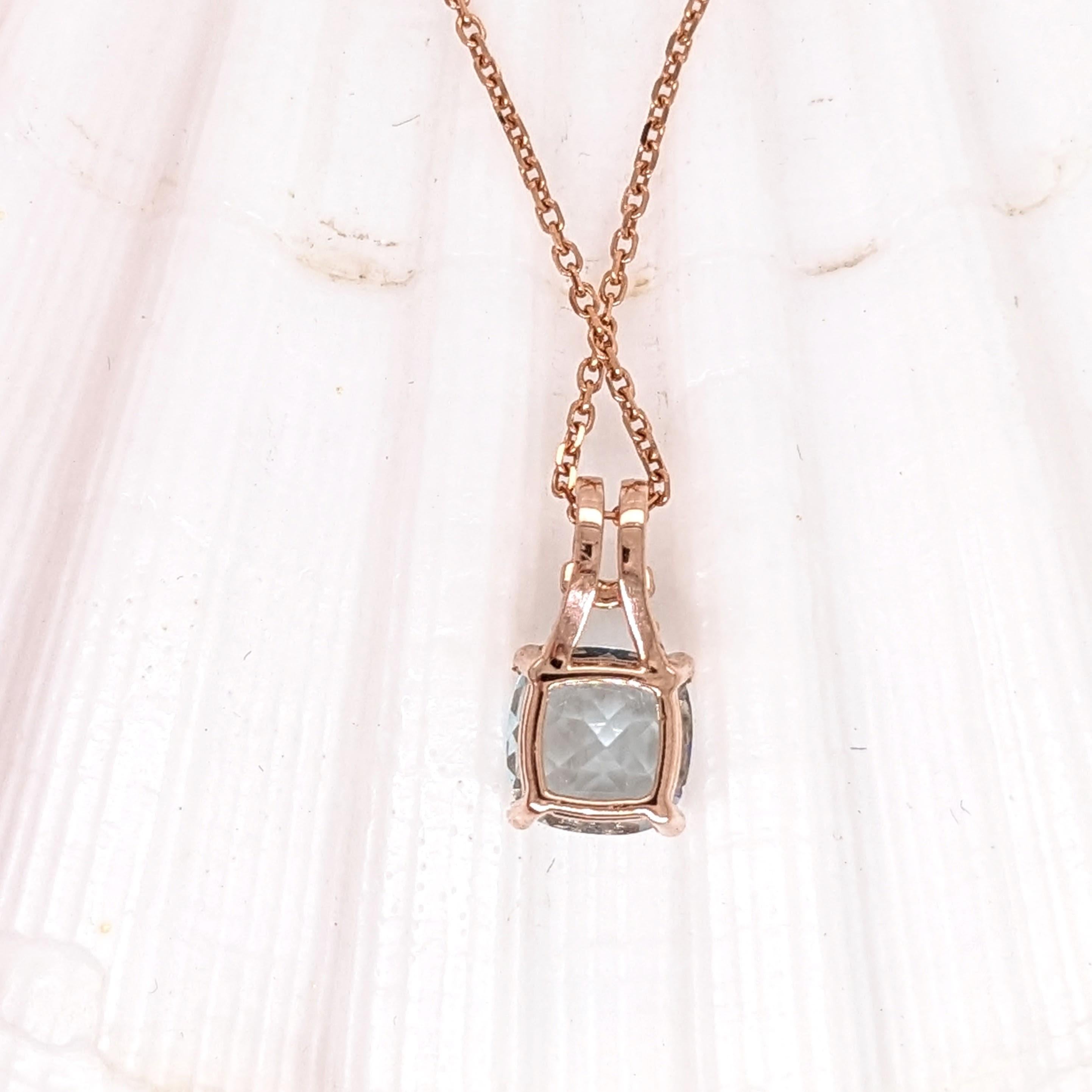 Aquamarine Pendant w Natural Diamonds in Solid 14K Rose Gold Cushion Cut 5x3mm For Sale 2