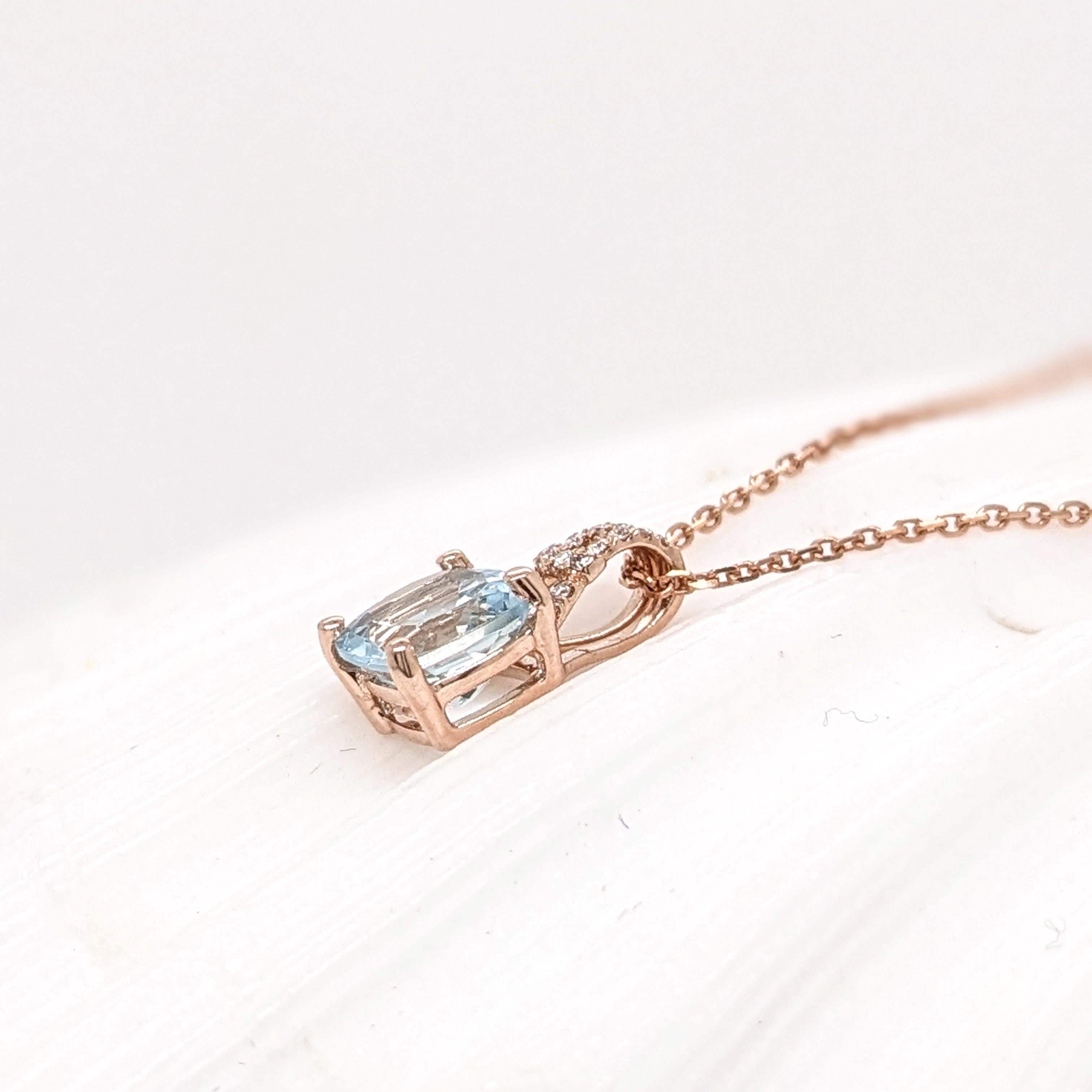Aquamarine Pendant w Natural Diamonds in Solid 14K Rose Gold Cushion Cut 5x3mm For Sale 3