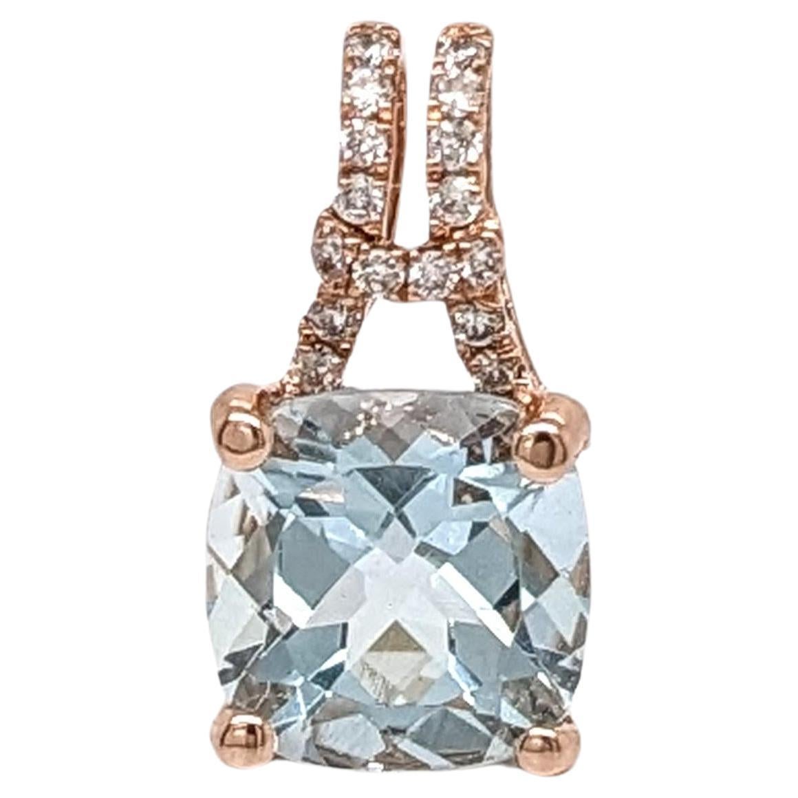 Aquamarine Pendant w Natural Diamonds in Solid 14K Rose Gold Cushion Cut 5x3mm For Sale
