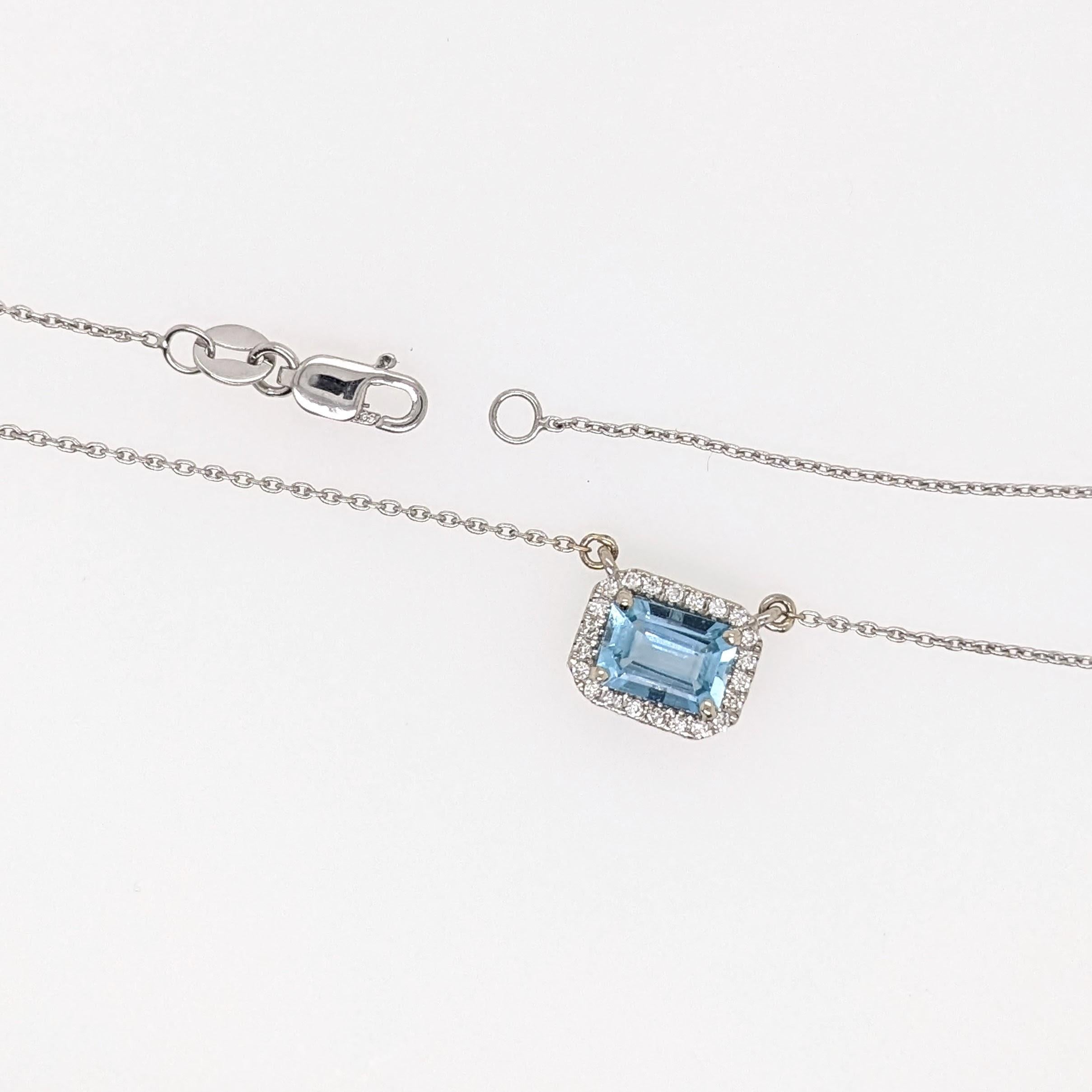 This gorgeous pendant showcases a 5x7mm emerald cut aquamarine set in a diamond accented pendant in 14k white gold. This pendant also makes a beautiful March birthstone pendant for your loved ones.

Specifications

Item Type: Pendant
Centre