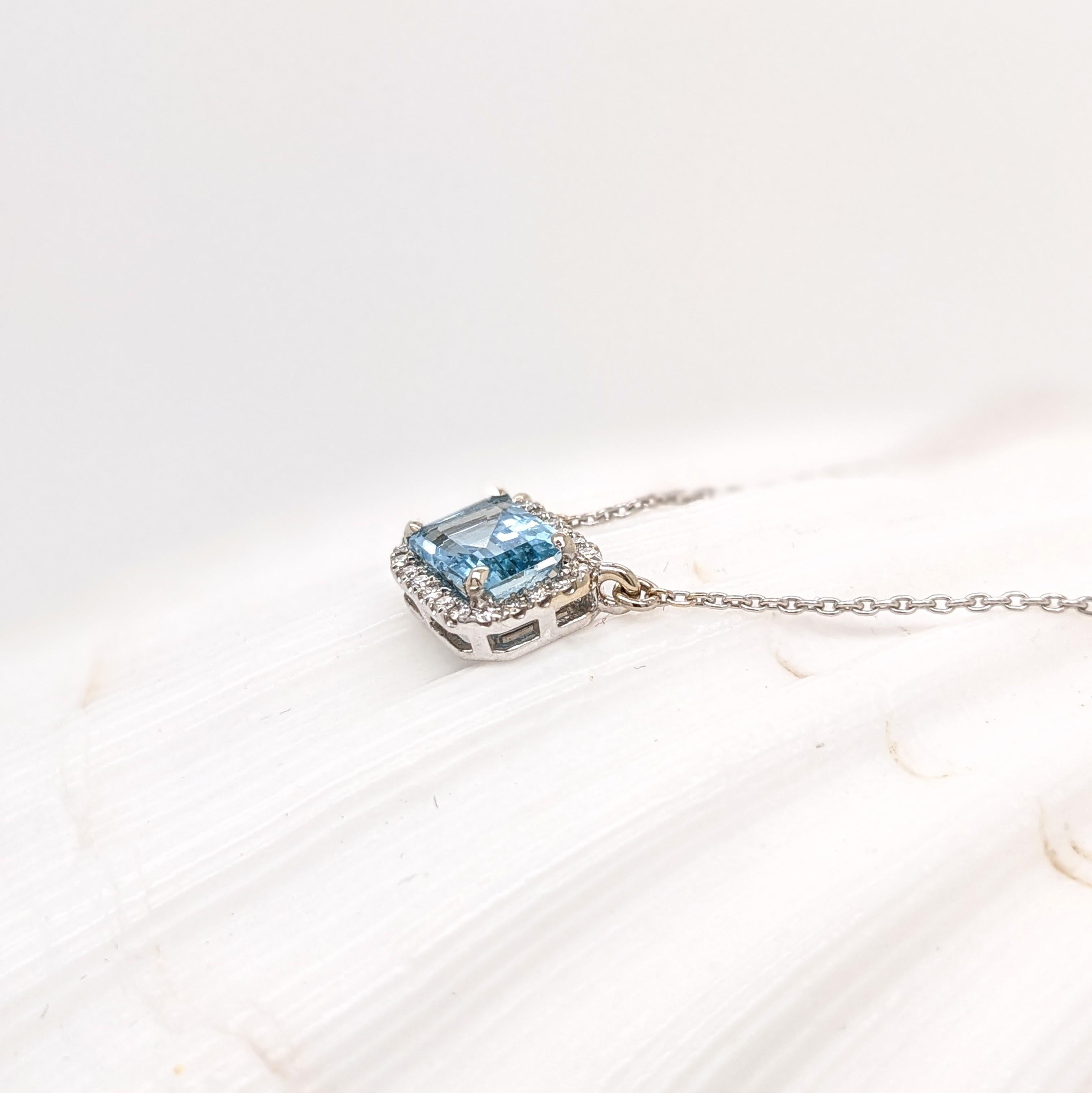 Aquamarine Pendant w Natural Diamonds in Solid 14K White Gold Emerald Cut 5x7mm For Sale 1