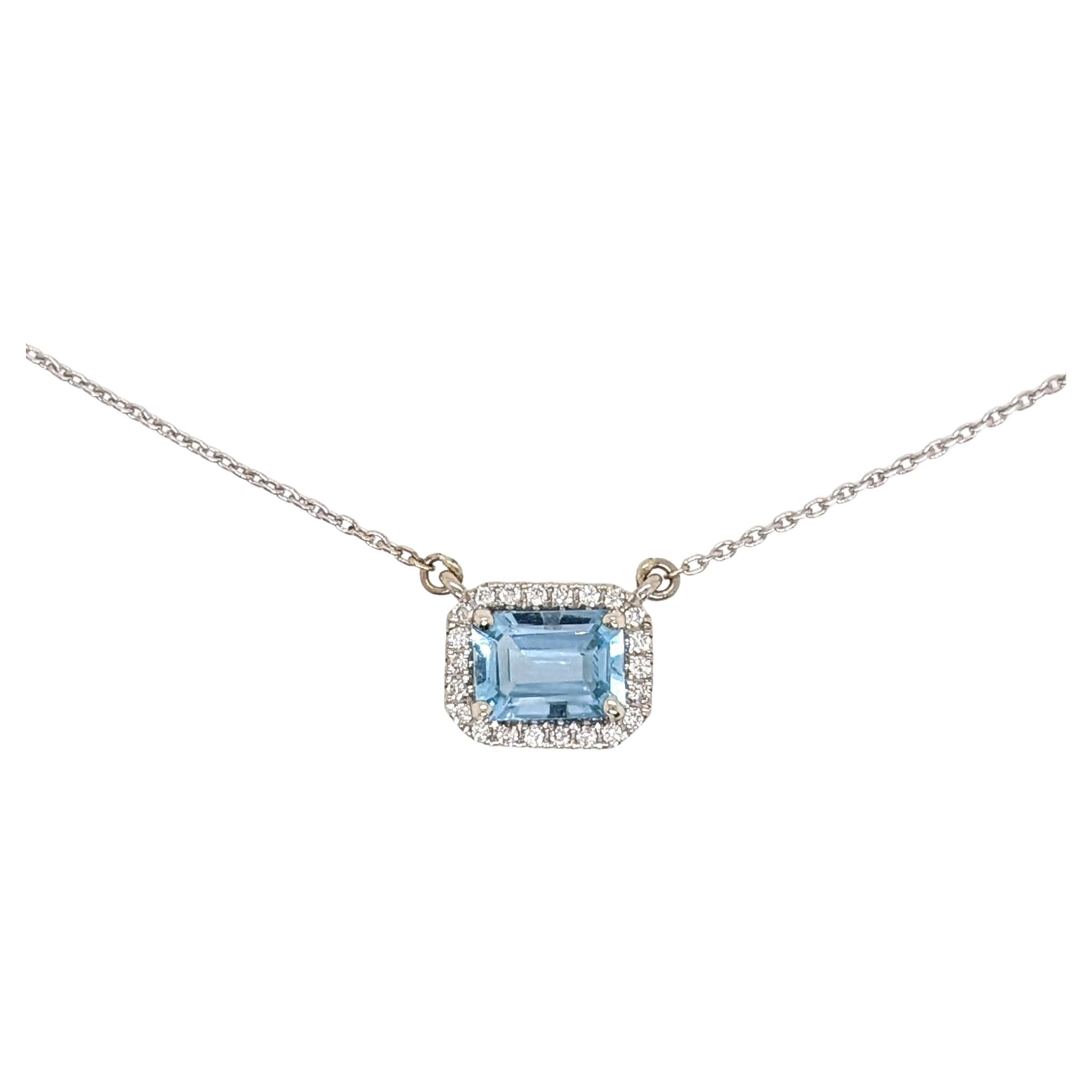 Aquamarine Pendant w Natural Diamonds in Solid 14K White Gold Emerald Cut 5x7mm For Sale