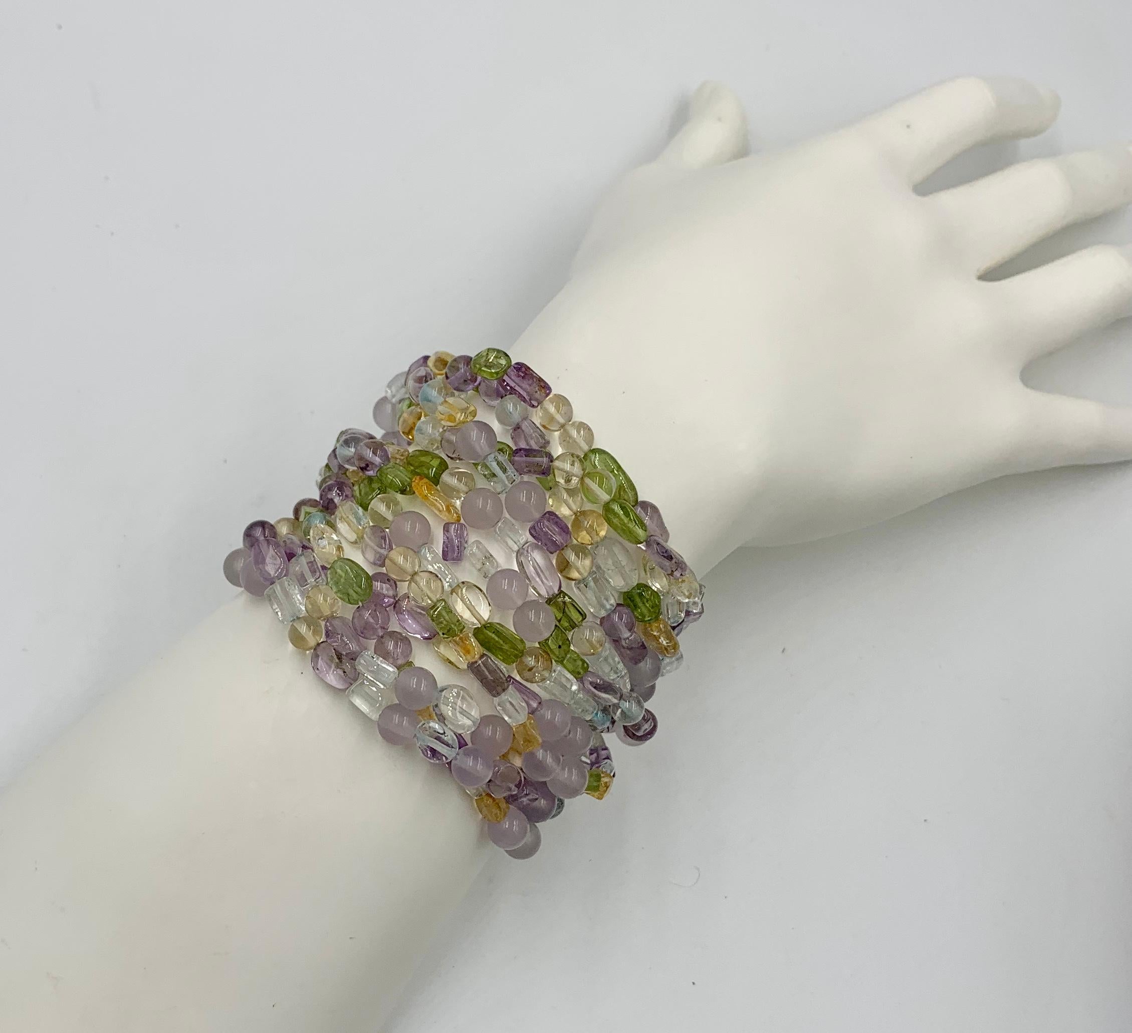 Aquamarin Peridot Citrin Amethyst Torsade Armband 14 Karat Gold 12 Strang im Angebot 4