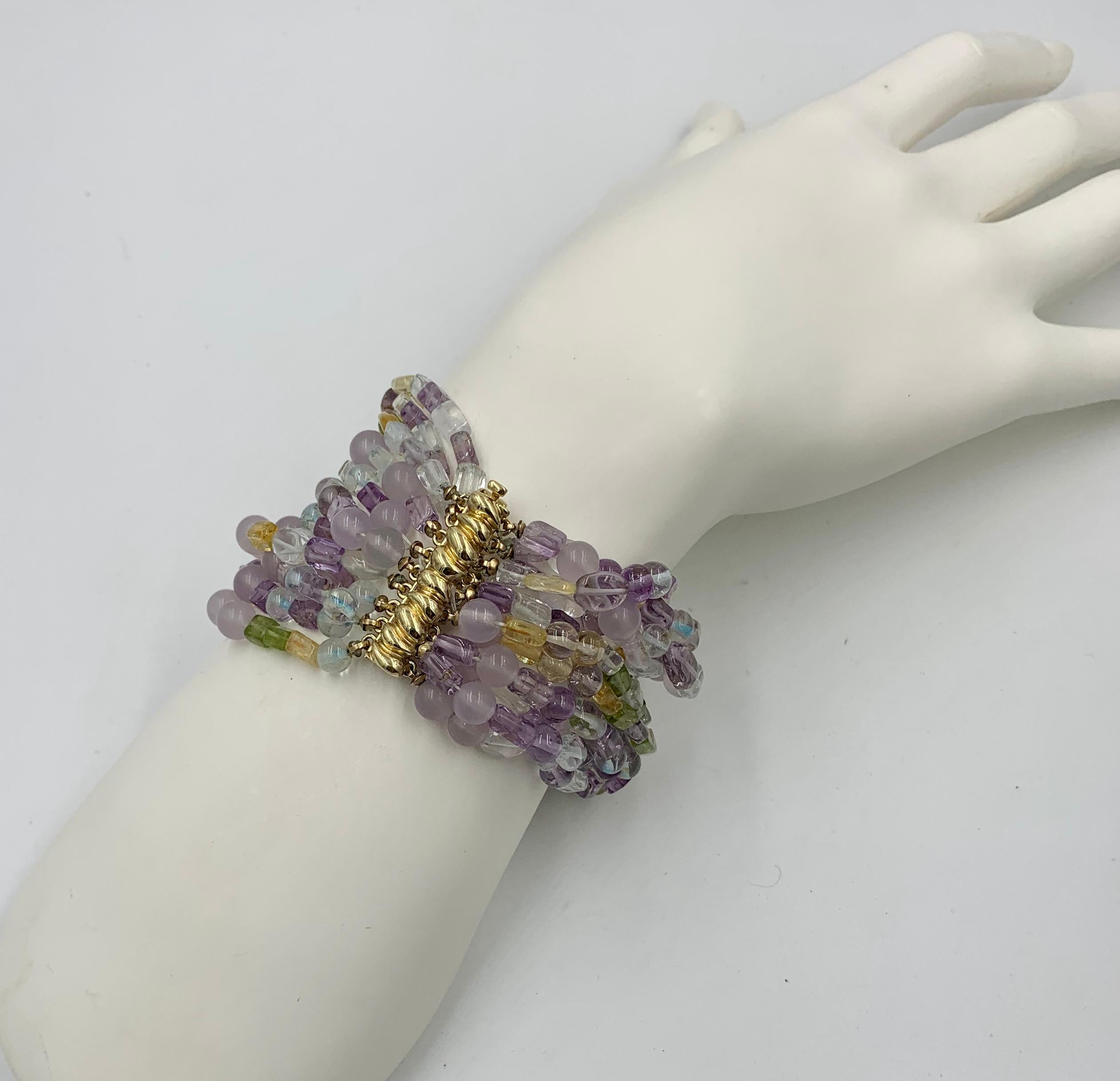 Aquamarin Peridot Citrin Amethyst Torsade Armband 14 Karat Gold 12 Strang im Angebot 1