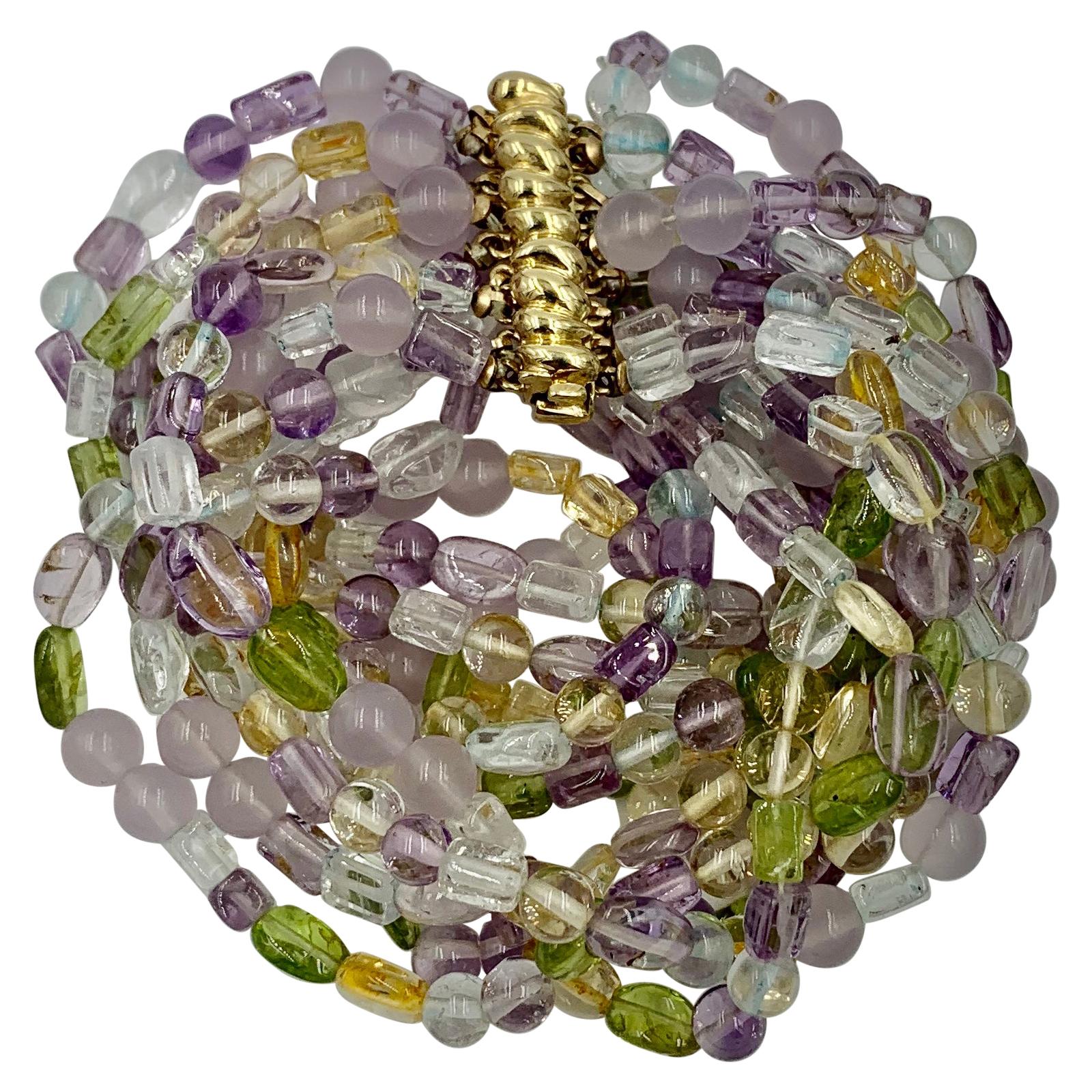 Aquamarine Peridot Citrine Amethyst Torsade Bracelet 14 Karat Gold 12 Strand For Sale