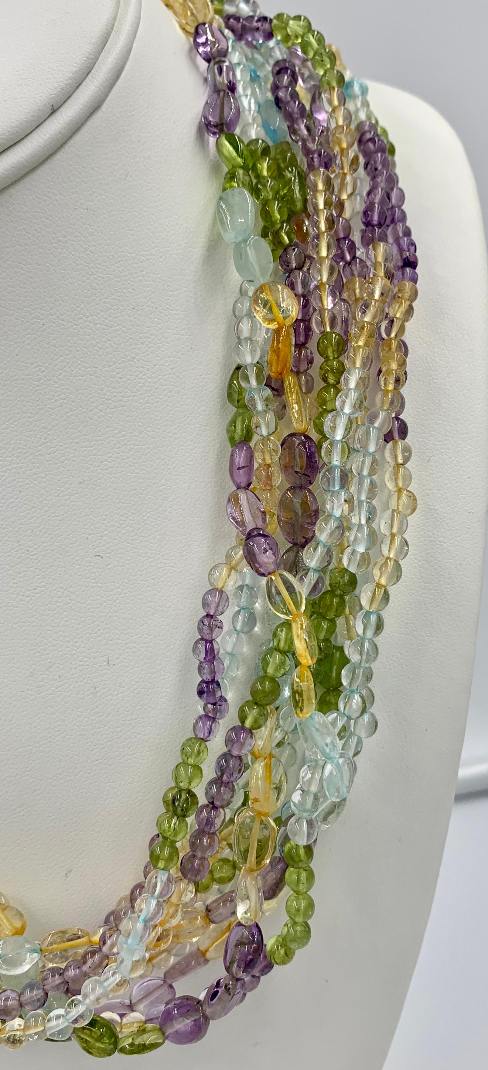 Aquamarine Peridot Citrine Amethyst Torsade Necklace 14 Karat Gold 11 Strand For Sale 1