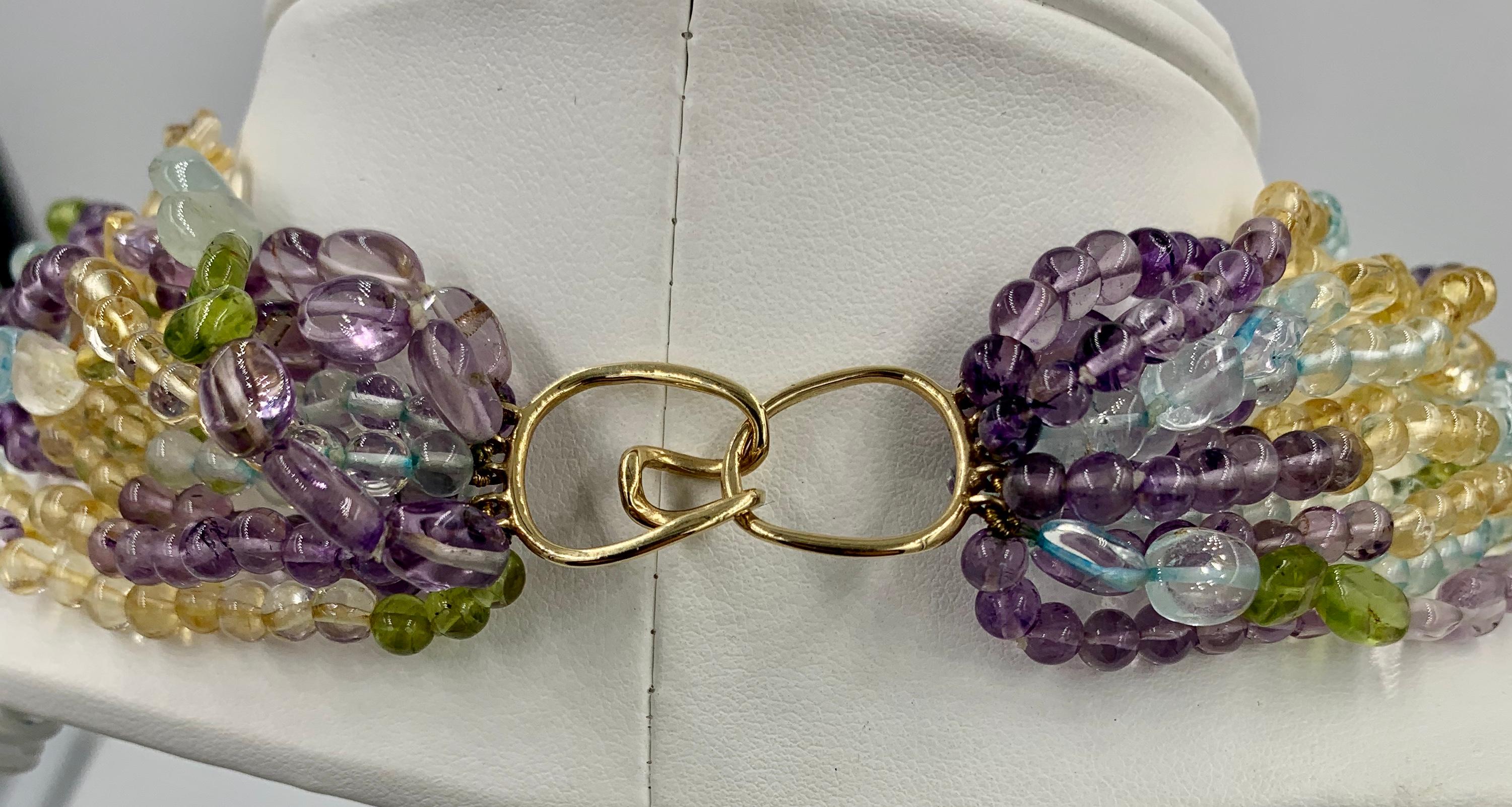 Aquamarine Peridot Citrine Amethyst Torsade Necklace 14 Karat Gold 11 Strand In Excellent Condition For Sale In New York, NY