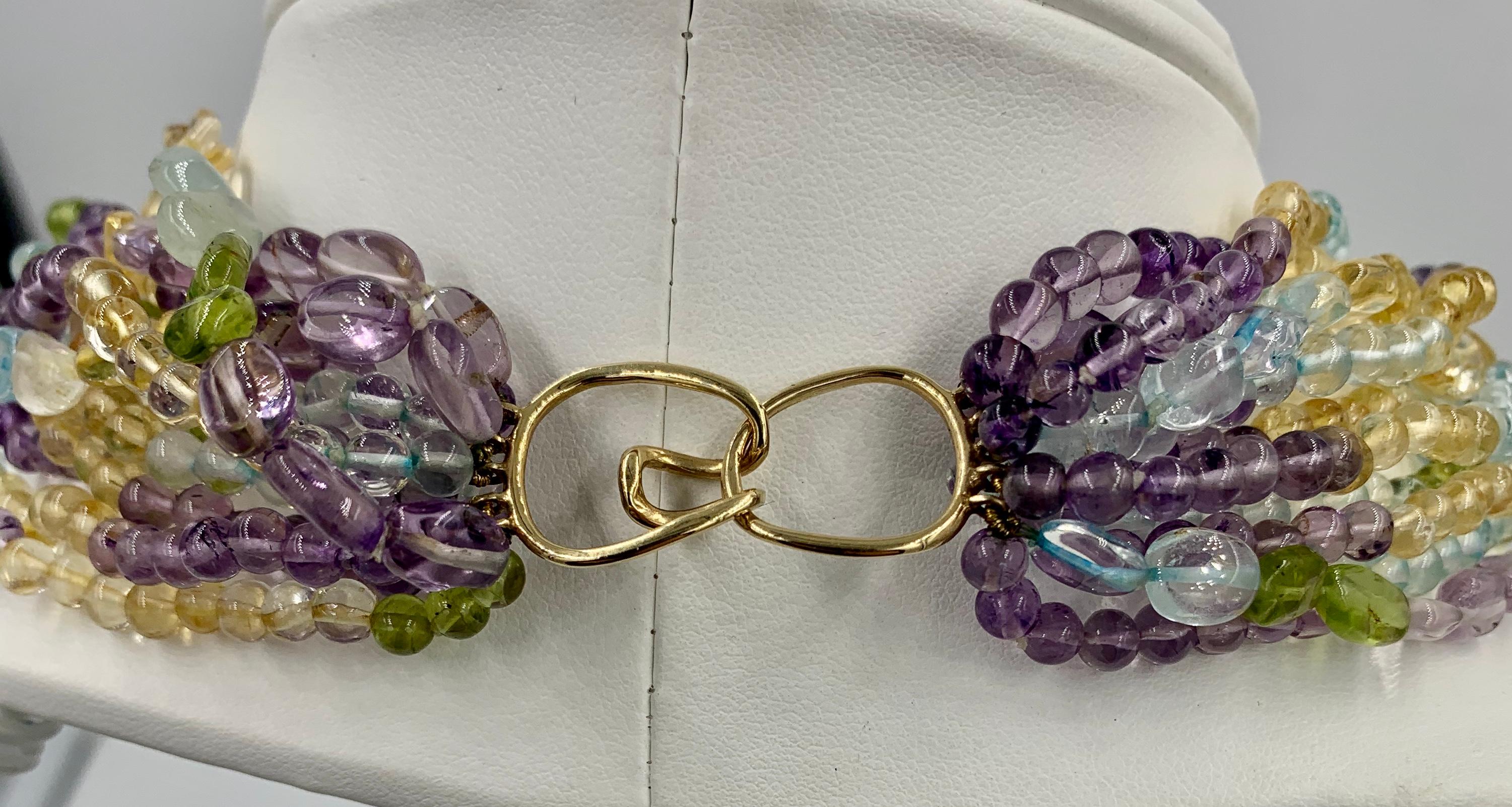 Aquamarine Peridot Citrine Amethyst Torsade Necklace 14 Karat Gold 11 Strand For Sale 2