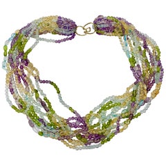 Aquamarin Peridot Citrin Amethyst Torsade Halskette 14 Karat Gold 11strang