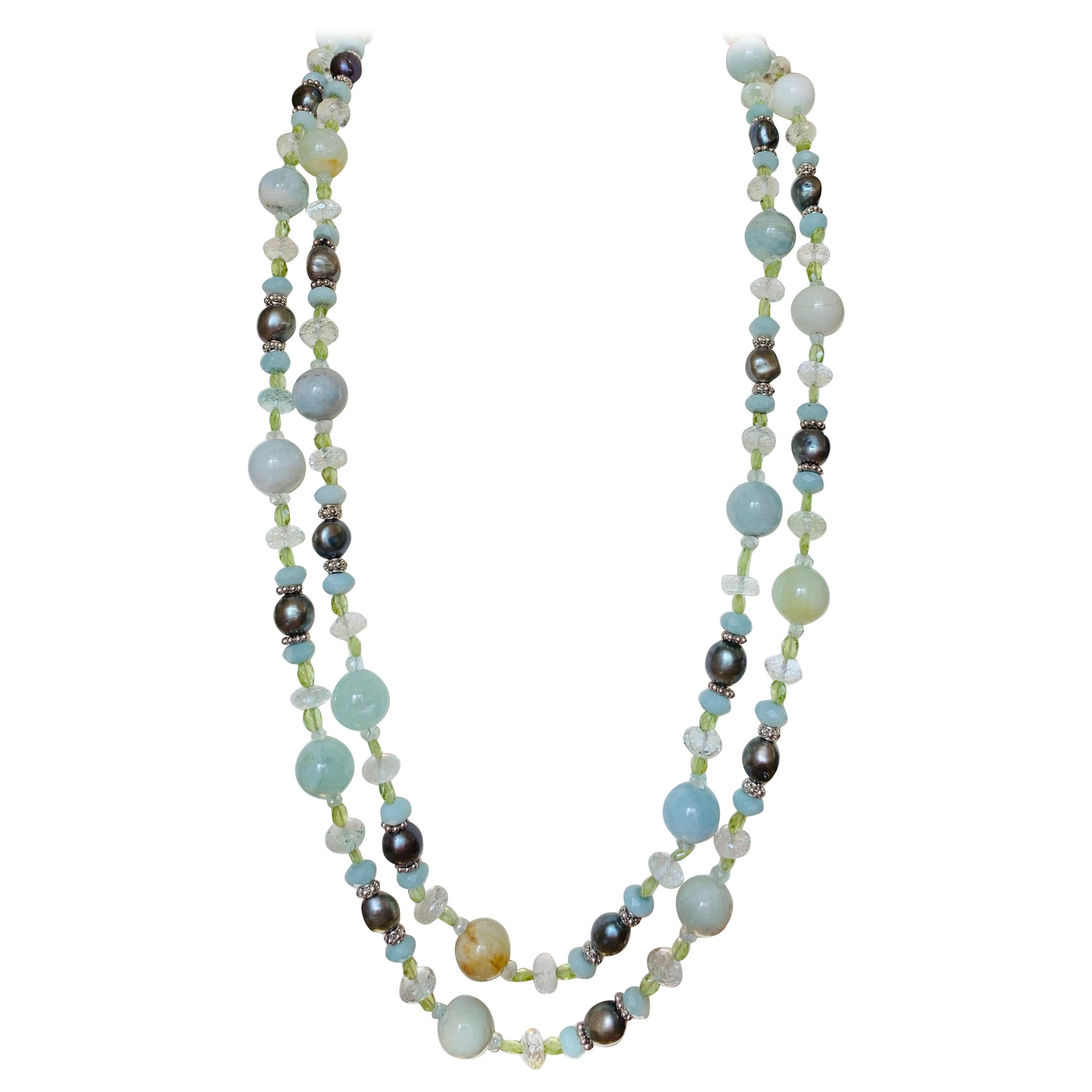 62" Long Aquamarine Peridot Freshwater Pearl Necklace