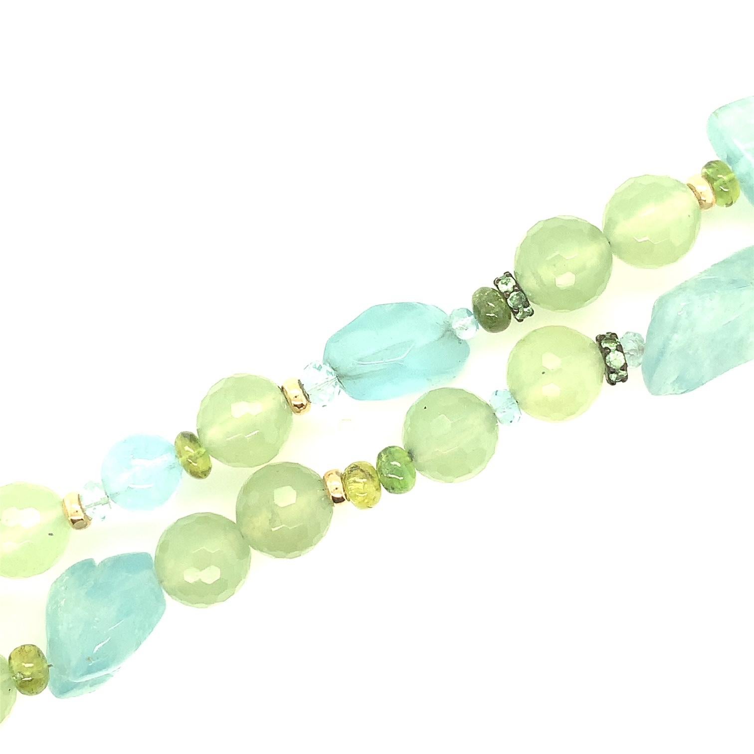 Artisan Aquamarine, Peridot, Phrenite and Tsavorite Beaded Necklace with Gold Accents For Sale