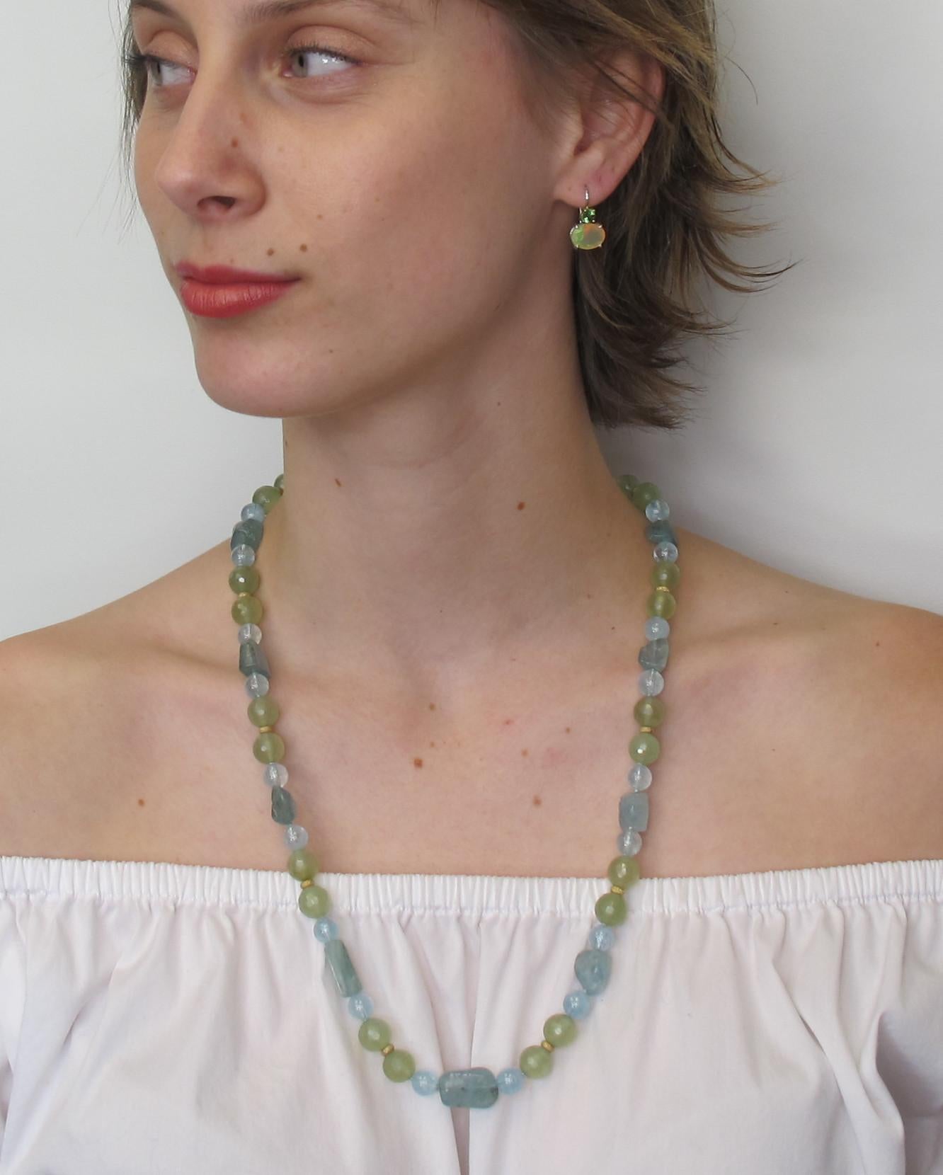 Aquamarine, Peridot, Phrenite and Tsavorite Beaded Necklace with Gold Accents For Sale 1