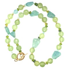 Aquamarine, Peridot, Phrenite and Tsavorite Beaded Necklace with Gold Accents