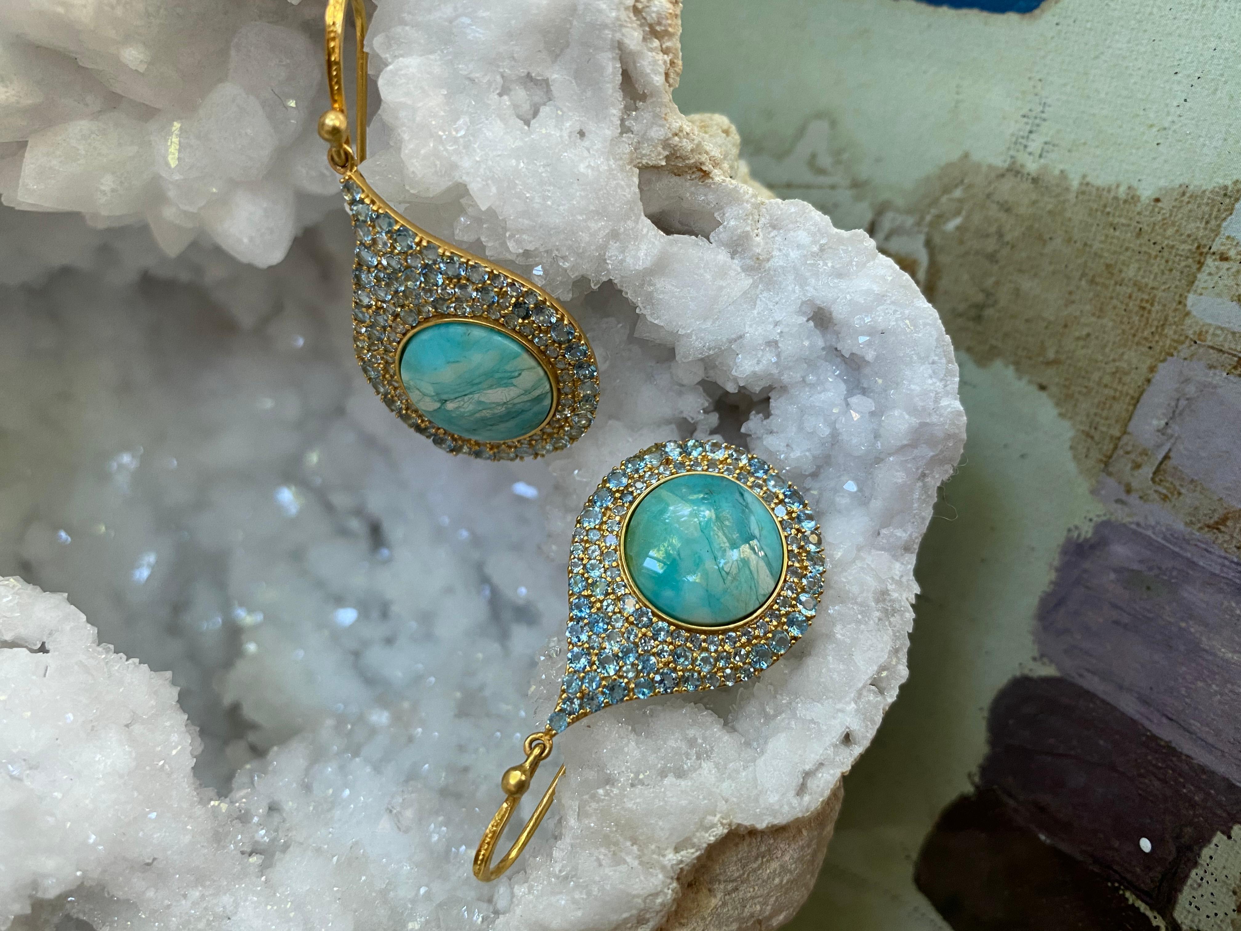 Aquamarine Petrified Opalized Wood 18kt Gold Earrings by Lauren Harper 2