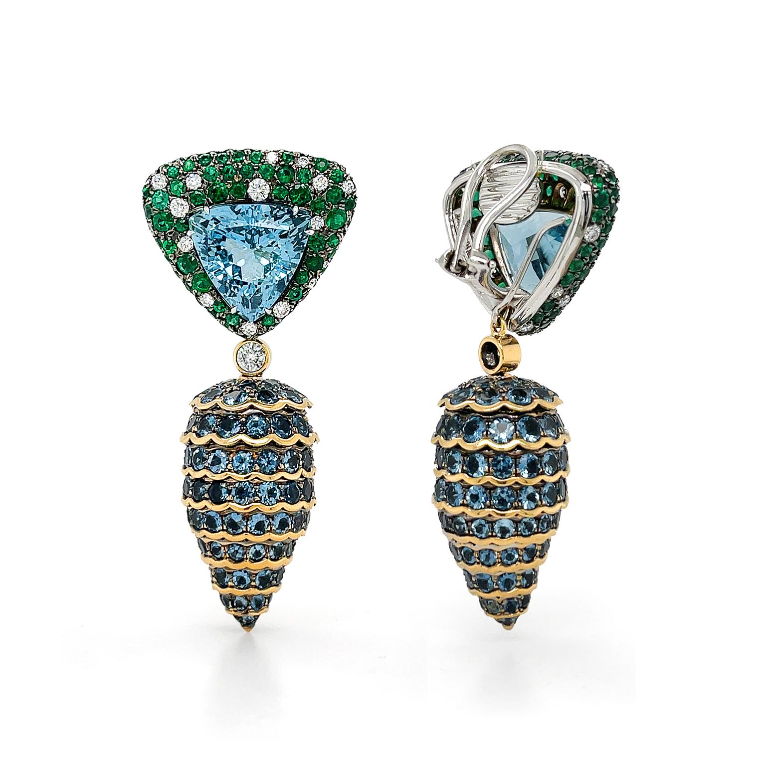 Round Cut 18K Yellow Gold Platinum Aquamarine, Emerald, and Diamond Pine Cone Earrings For Sale
