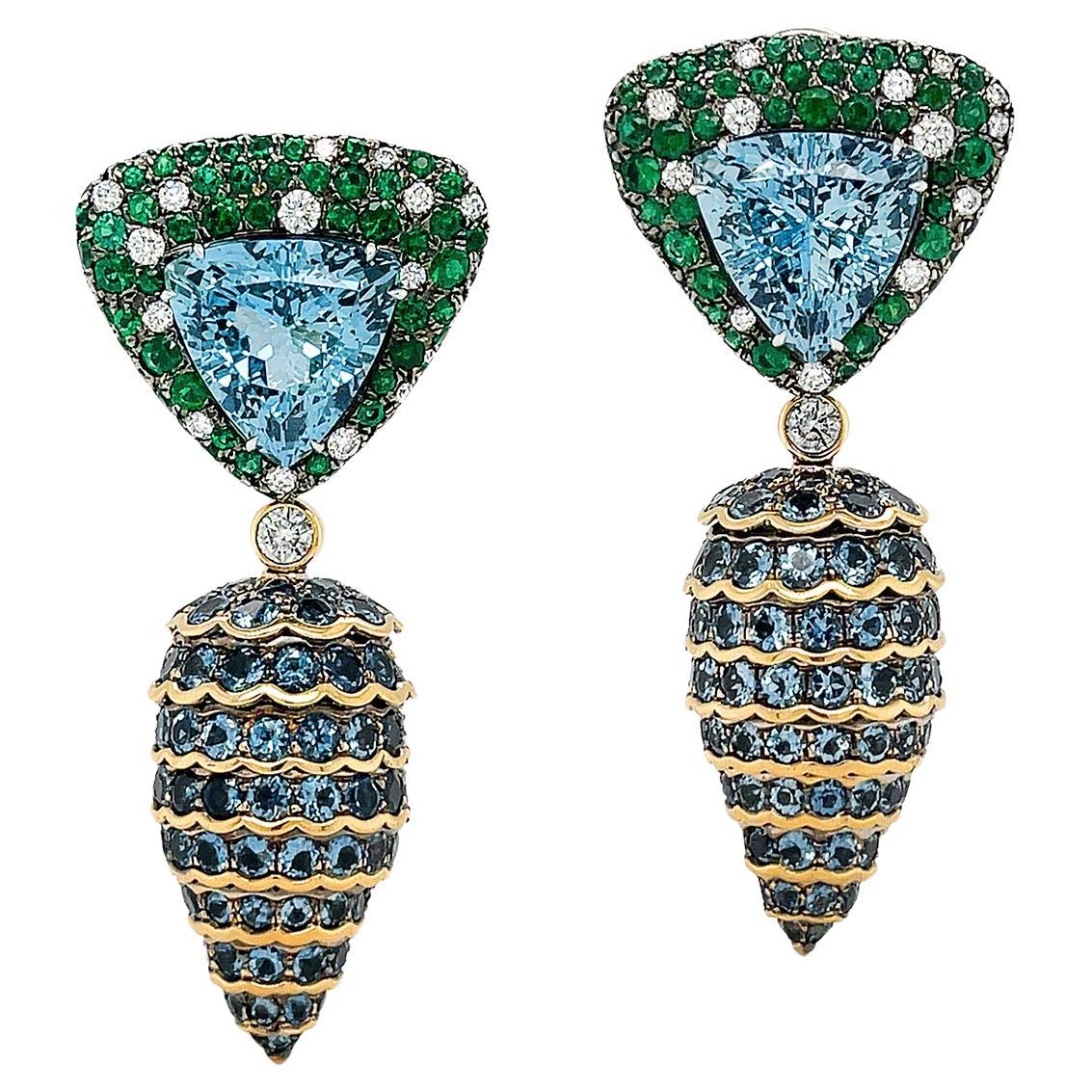 18K Yellow Gold Platinum Aquamarine, Emerald, and Diamond Pine Cone Earrings For Sale