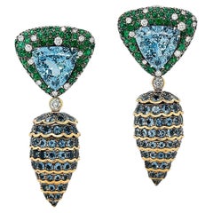 Boucles d'oreilles cône de pin en or jaune 18 carats, platine, aigue-marine, émeraude et diamant