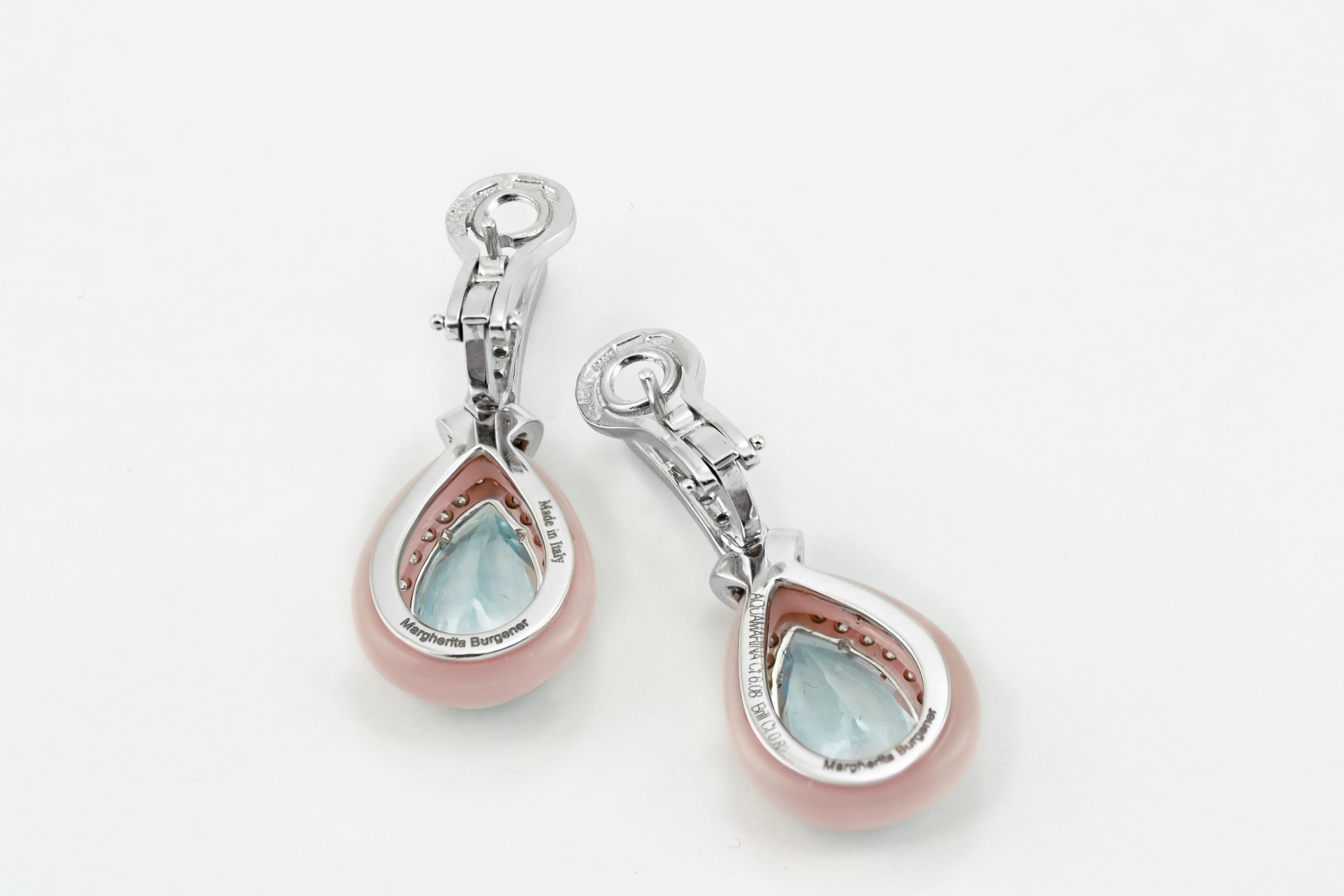 Round Cut Aquamarine Pink Opal 18 Kt White Gold Diamond Earrings  For Sale