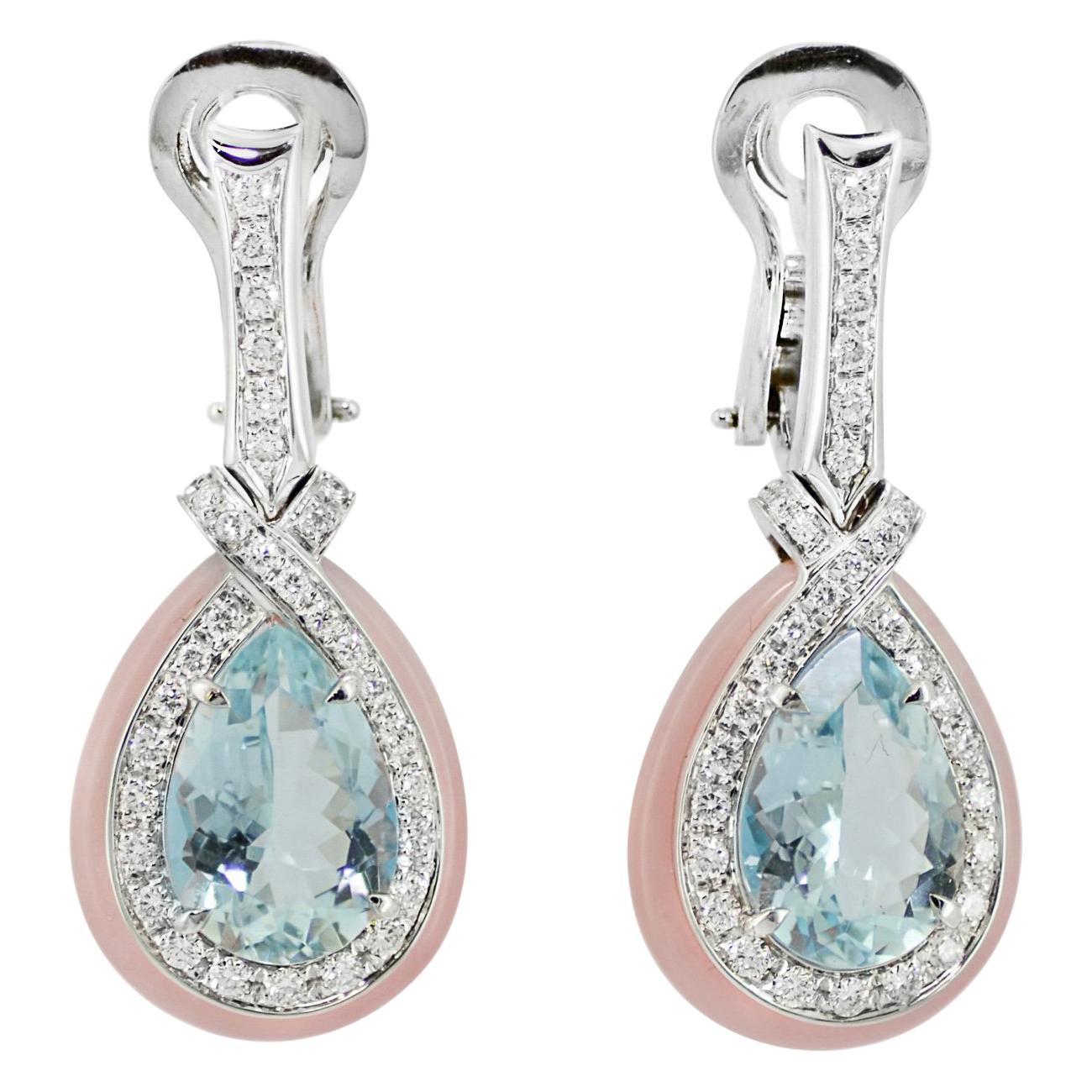 Aquamarine Pink Opal 18 Kt White Gold Diamond Earrings  For Sale