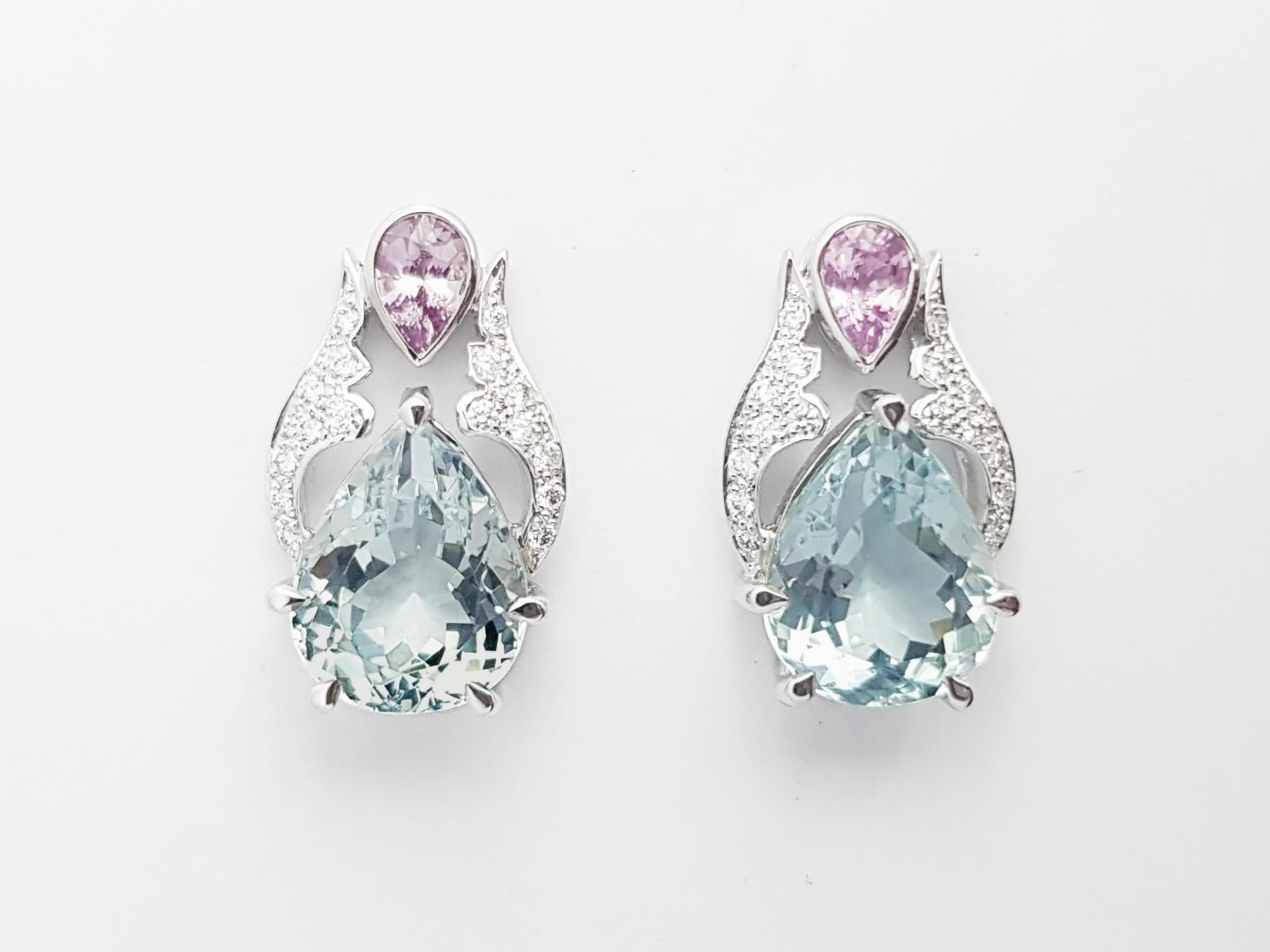 Contemporain Boucles d'oreilles aigue-marine, saphir rose et diamant en or blanc 18 carats en vente