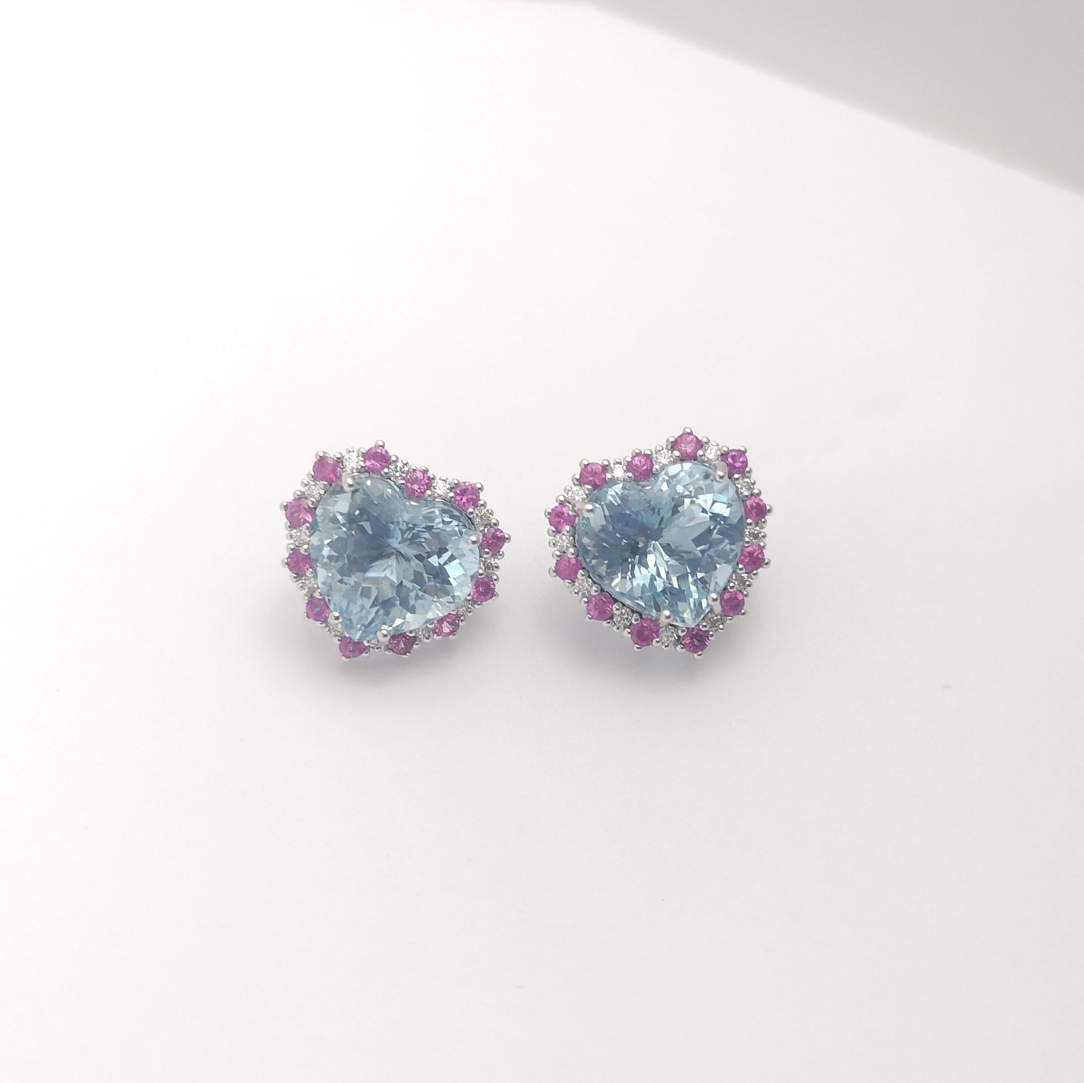 Cuore Orecchini con acquamarina, zaffiro rosa e diamanti incastonati in oro bianco 18K in vendita