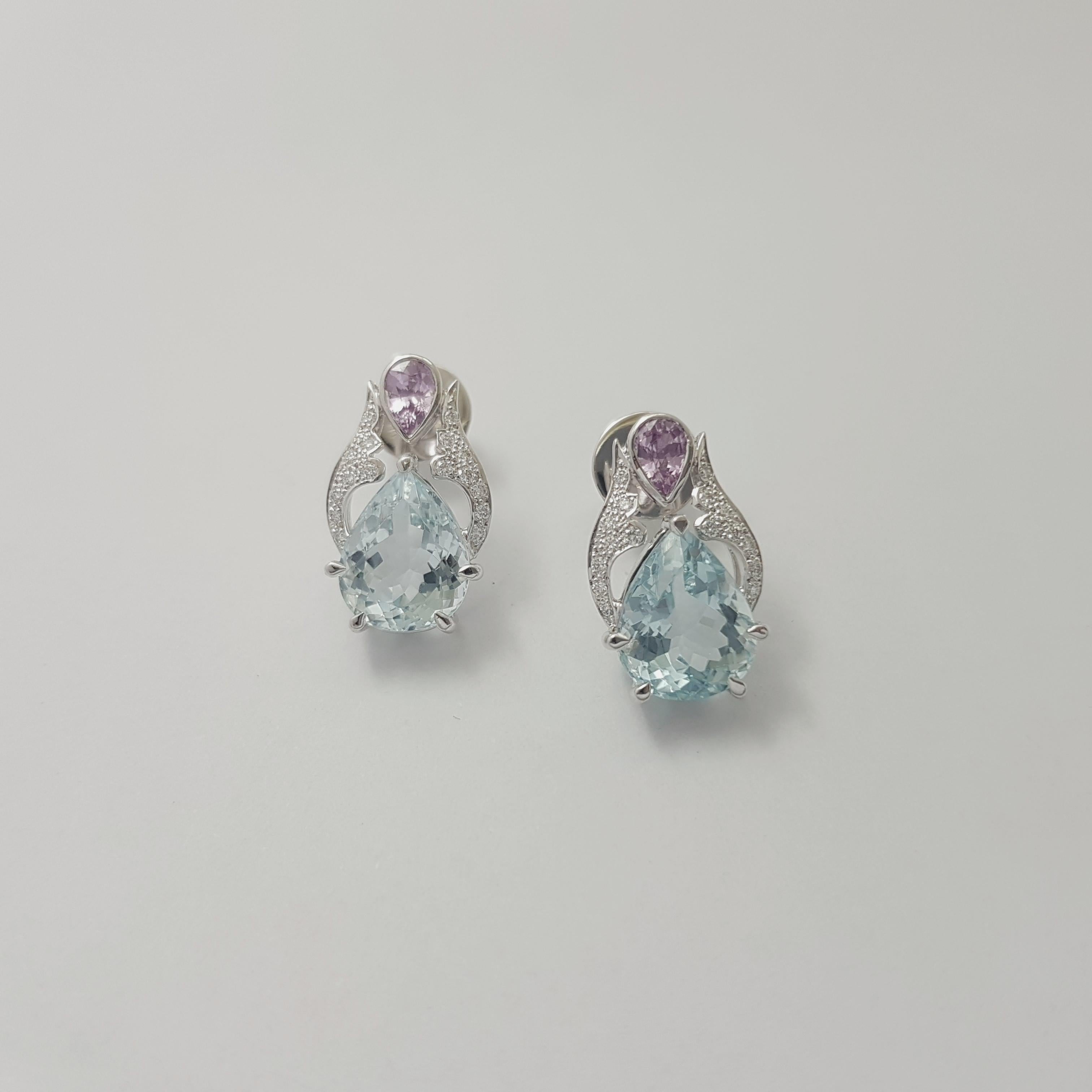Taille poire Boucles d'oreilles aigue-marine, saphir rose et diamant en or blanc 18 carats en vente