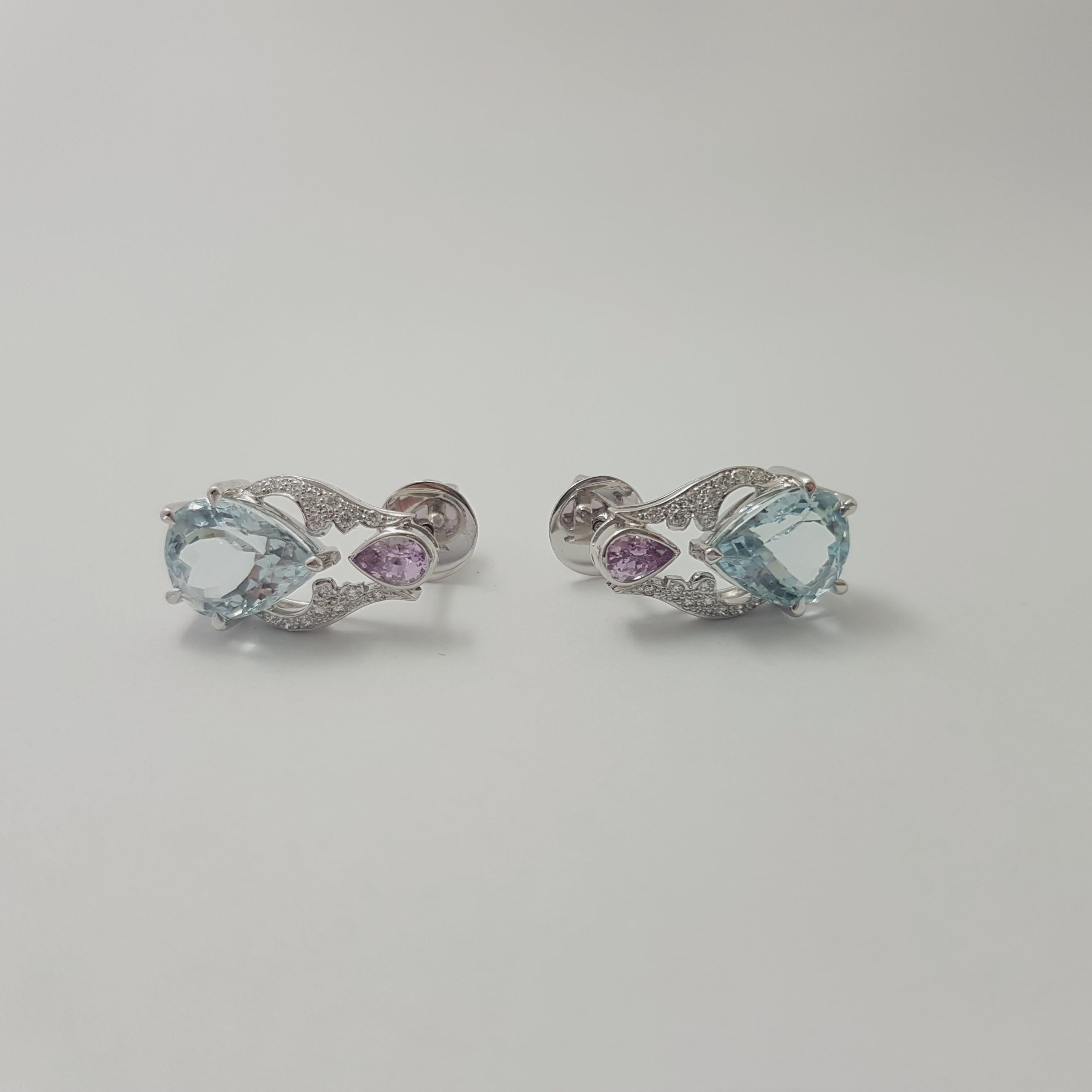 Boucles d'oreilles aigue-marine, saphir rose et diamant en or blanc 18 carats Pour femmes en vente