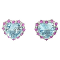 Boucles d'oreilles aigue-marine, saphir rose et diamant en or blanc 18 carats