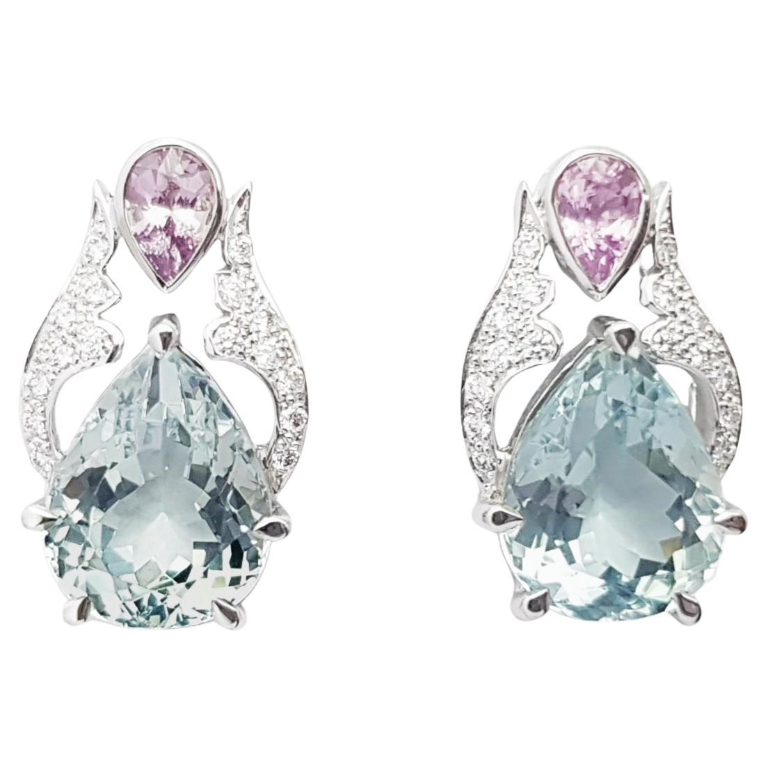 Aquamarine, Pink Sapphire and Diamond Earrings set in 18K White Gold Settings