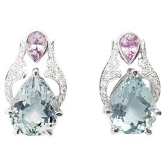Aquamarine, Pink Sapphire and Diamond Earrings set in 18K White Gold Settings