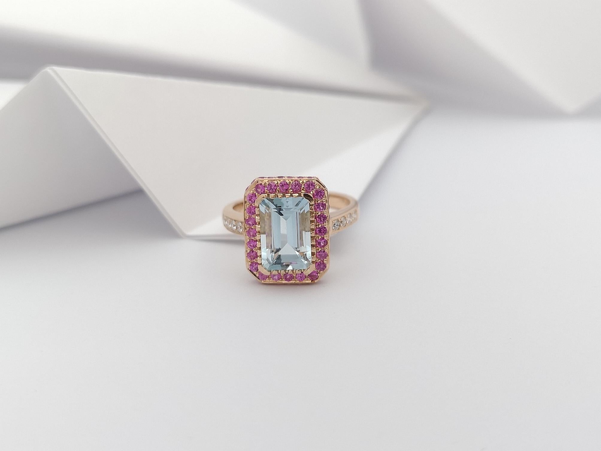 Aquamarine, Pink Sapphire and Diamond Ring Set in 18 Karat Rose Gold Settings For Sale 1