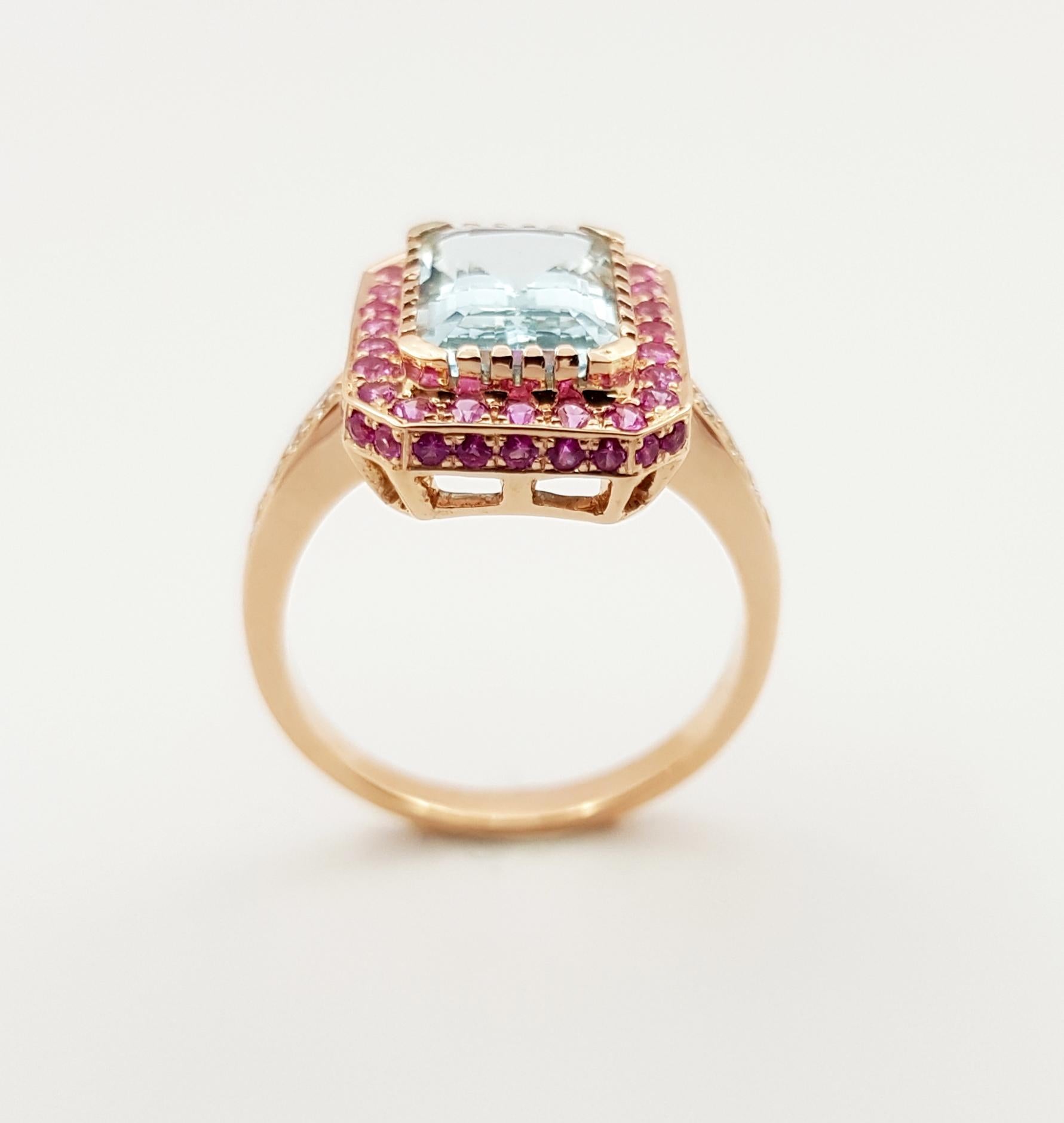 Aquamarine, Pink Sapphire and Diamond Ring Set in 18 Karat Rose Gold Settings For Sale 2