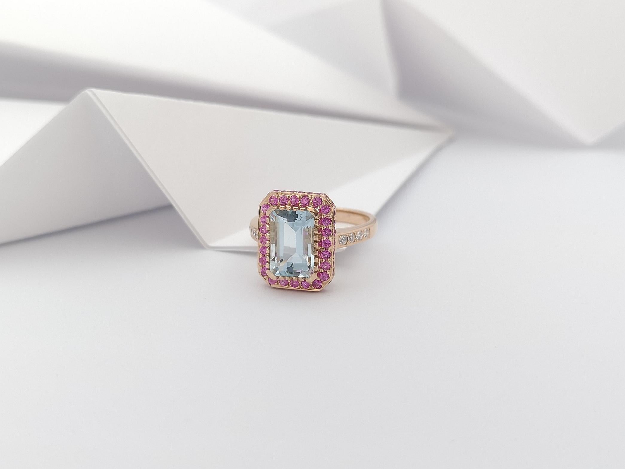 Aquamarine, Pink Sapphire and Diamond Ring Set in 18 Karat Rose Gold Settings For Sale 3