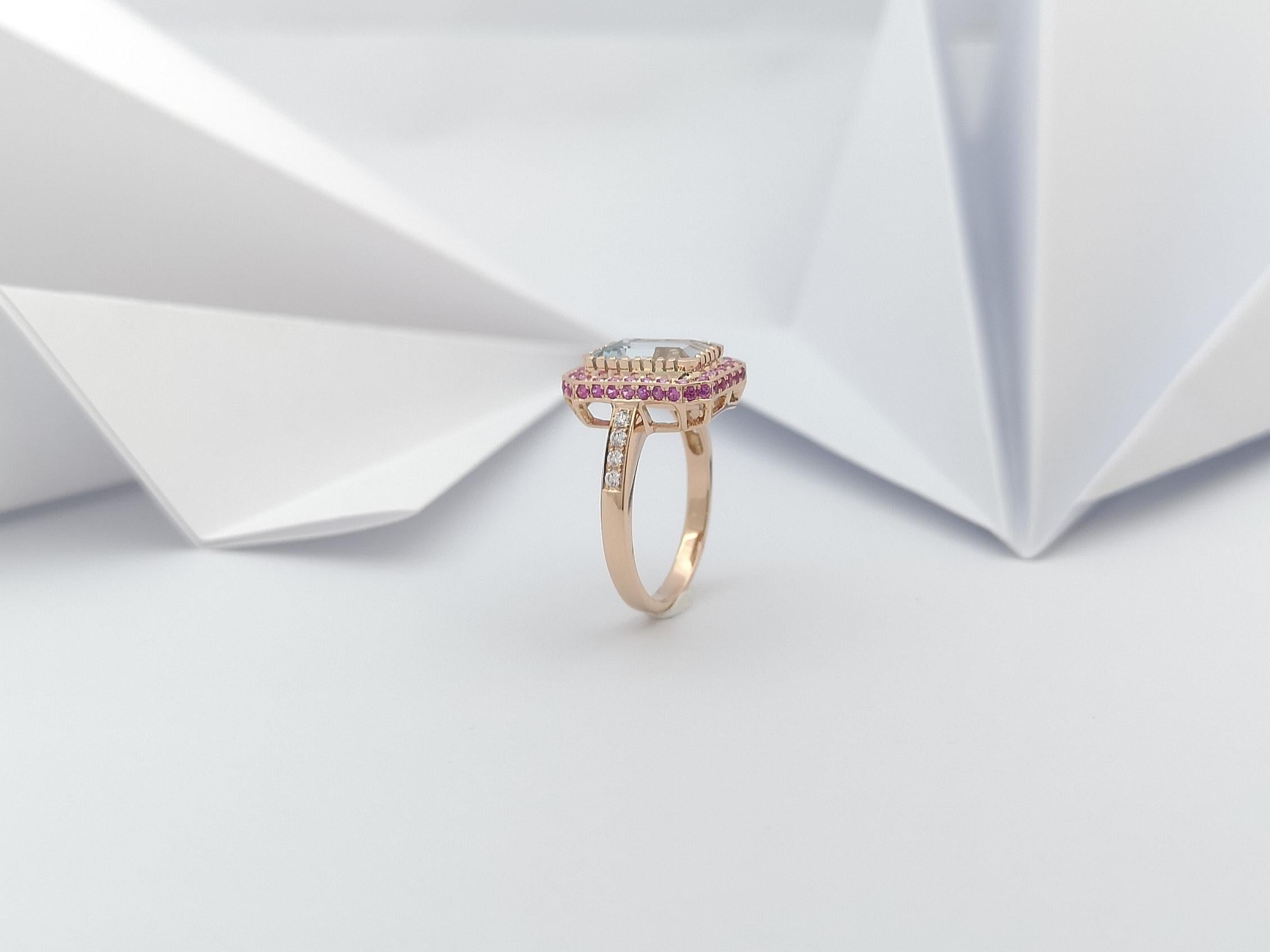 Aquamarine, Pink Sapphire and Diamond Ring Set in 18 Karat Rose Gold Settings For Sale 6
