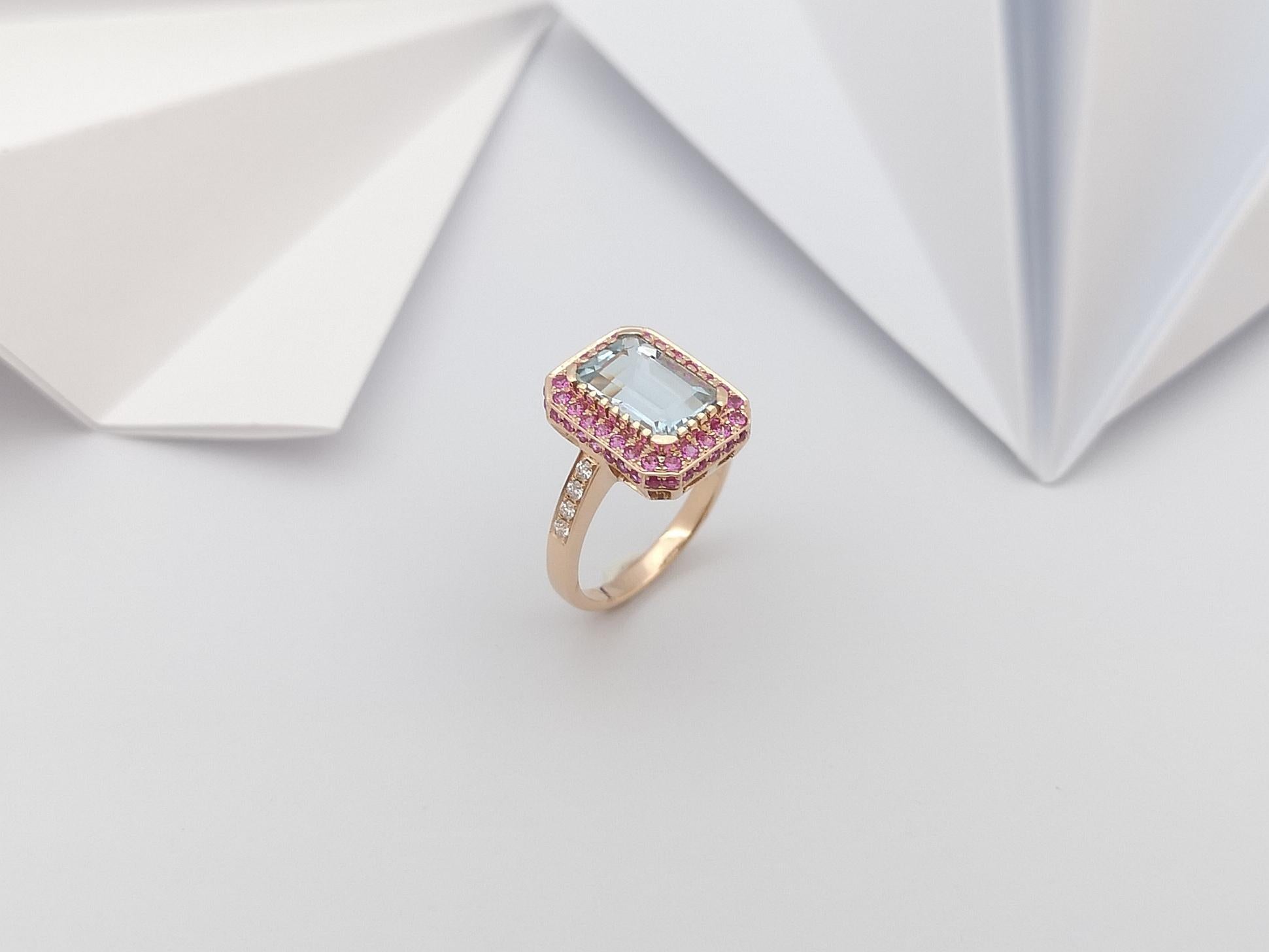 Aquamarine, Pink Sapphire and Diamond Ring Set in 18 Karat Rose Gold Settings For Sale 7