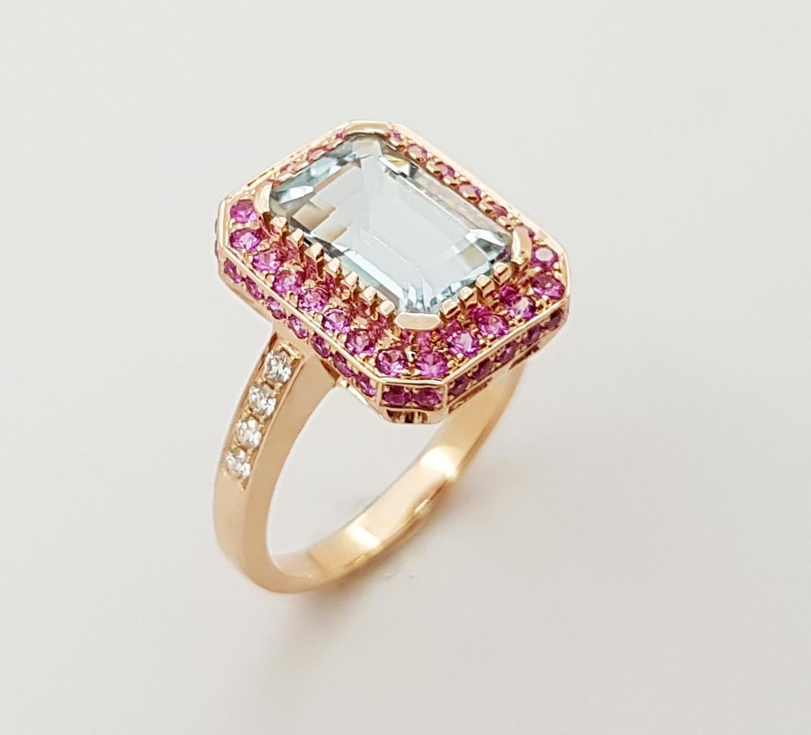 Aquamarine, Pink Sapphire and Diamond Ring Set in 18 Karat Rose Gold Settings For Sale 8