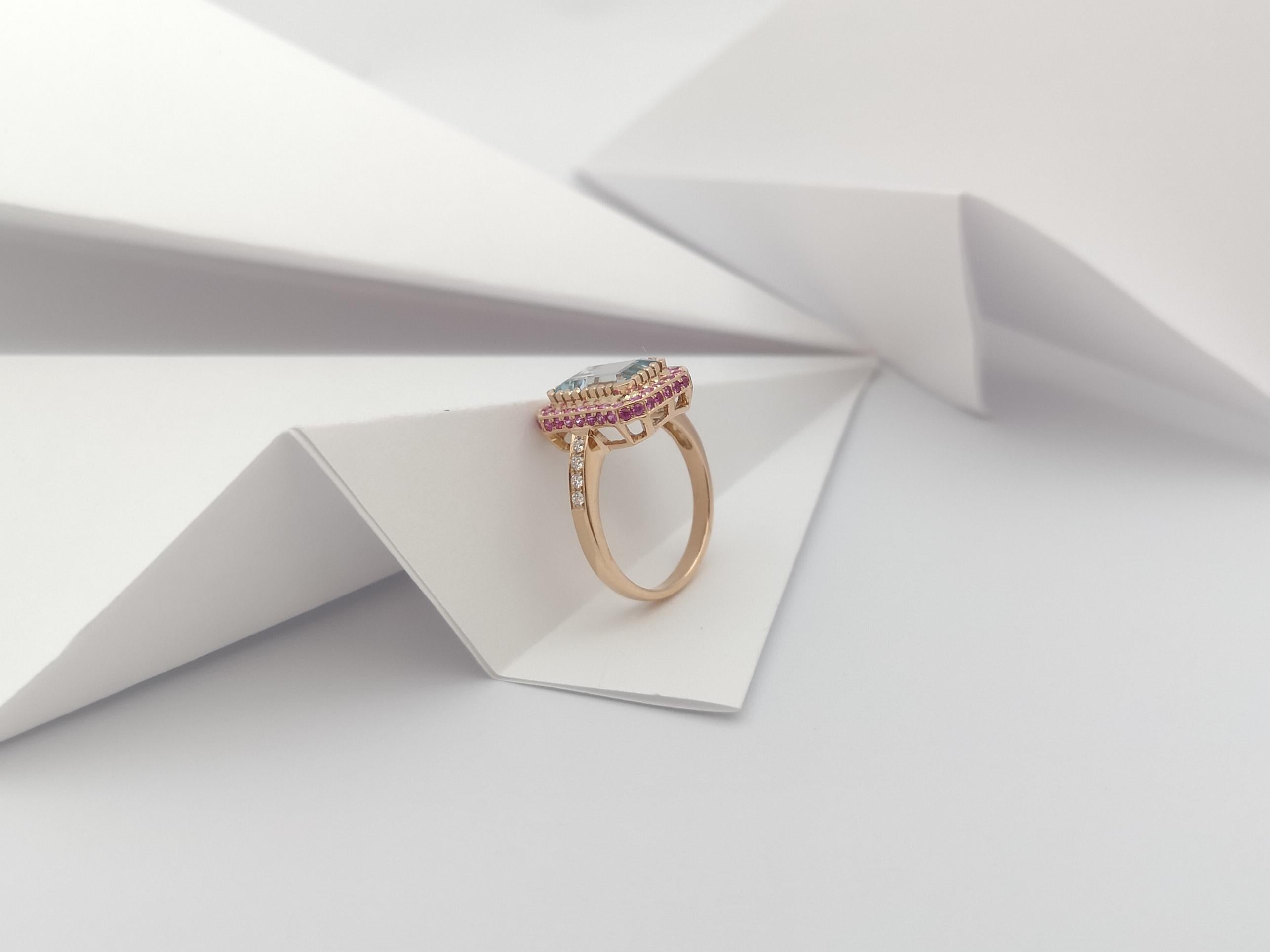Emerald Cut Aquamarine, Pink Sapphire and Diamond Ring Set in 18 Karat Rose Gold Settings For Sale