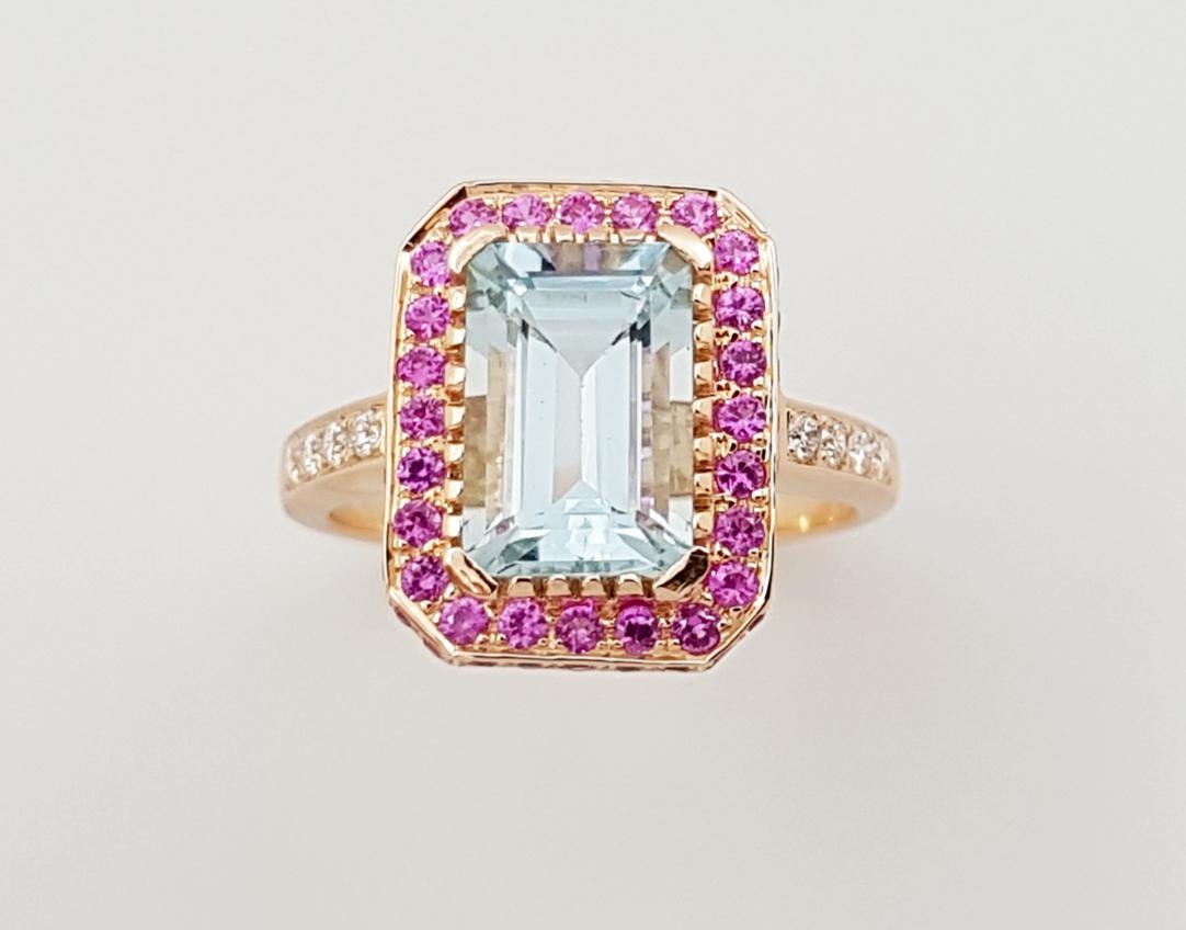 Aquamarine, Pink Sapphire and Diamond Ring Set in 18 Karat Rose Gold Settings In New Condition For Sale In Bangkok, TH